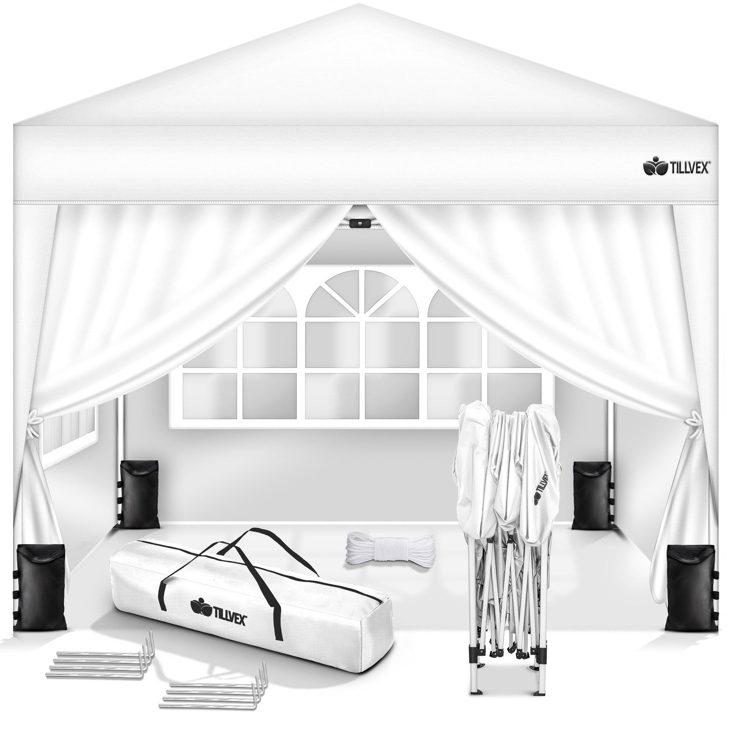 tillvex Gazebo 3 x 3 m Waterproof with 4 Side Panels + Set of 4 Sandbags Pop-Up Folding Gazebo Stable & Height Adjustable Garden Tent UV Protection 50+ Party Tent with Bag for Garden, Grey