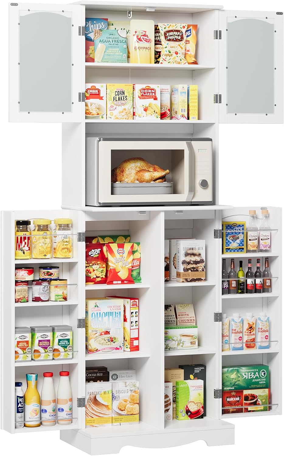 HOCSOK 181 cm Tall Kitchen Cabinet, Buffet Cabinet with Microwave Shelf and 8 Door Shelves, Freestanding Kitchen Storage Cabinet for Kitchen, Modern Style, White