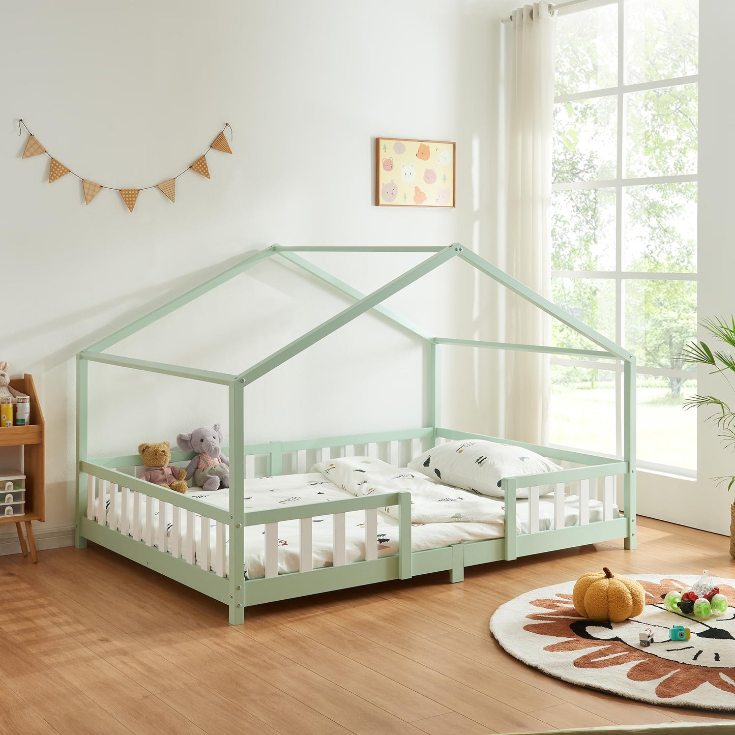 [en.casa] Treviolo Children's Bed 140 x 200 cm Wooden Bed for Children with Fall Protection Montessori Bed Frame with Slatted Frame Pine Wood White