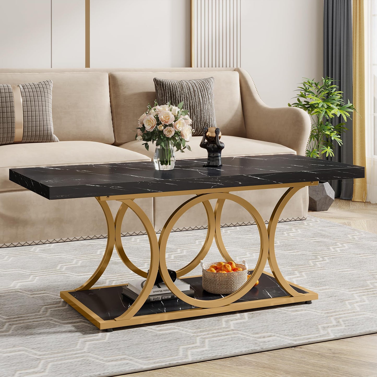 Tribesigns Rectangular Coffee Table, 120 cm Modern Living Room Table, 2-Tier Faux Marble Coffee Table with Geometric Legs, Furniture with Storage Compartment (Black and Gold)