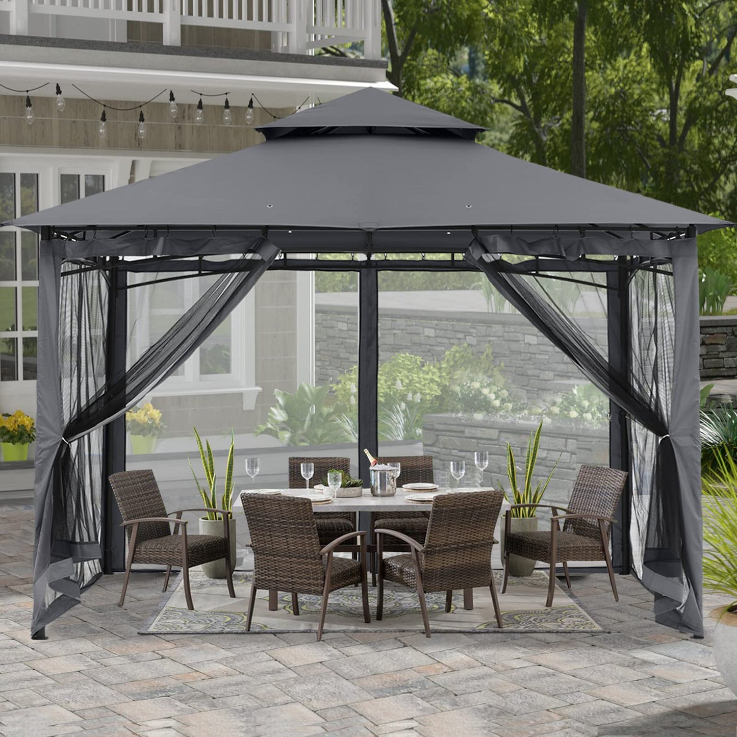 ABCCANOPY Pavillon 2.5x2.5m Wasserdicht Stabil Winterfest Gartenpavillon，Doppeldachweichdach Hinterhof-Partyzelt mit Netz für Schatten und Regen,Grau