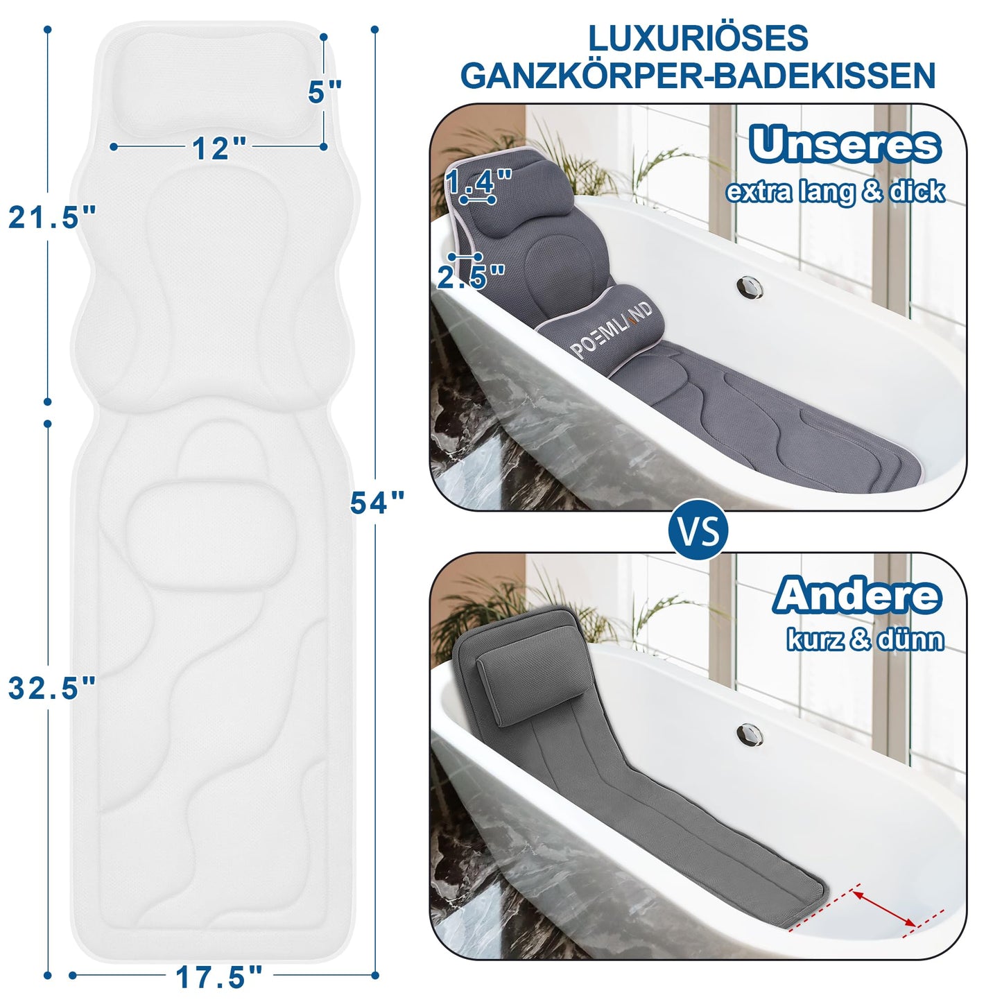 Luxury Thick Full Body Bath Pillow Mat & Cushion for Bathtub Headrest Neck Shoulder Supports Comfort Relaxation Spa Accessories