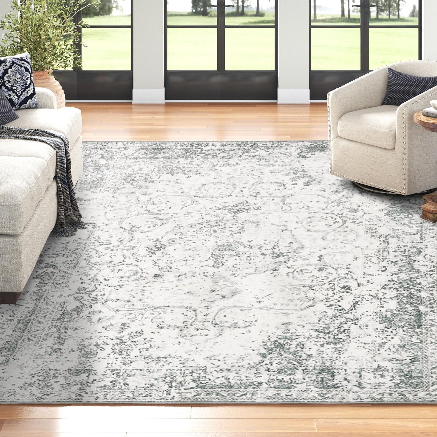 WONGS BEDDING Boho Rug Living Room Bedroom Short Pile Rugs Washable Soft Non-Slip Vintage Design