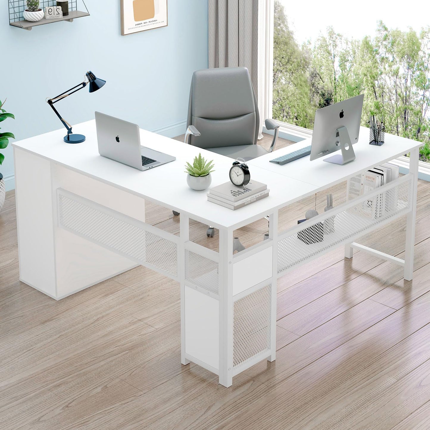 LVB White L Shaped Corner Desk with Drawers, Reversible Modern L Shaped Computer Desk with Storage Cabinets, Large L Shaped Wooden L Shaped Desk Metal L Shape