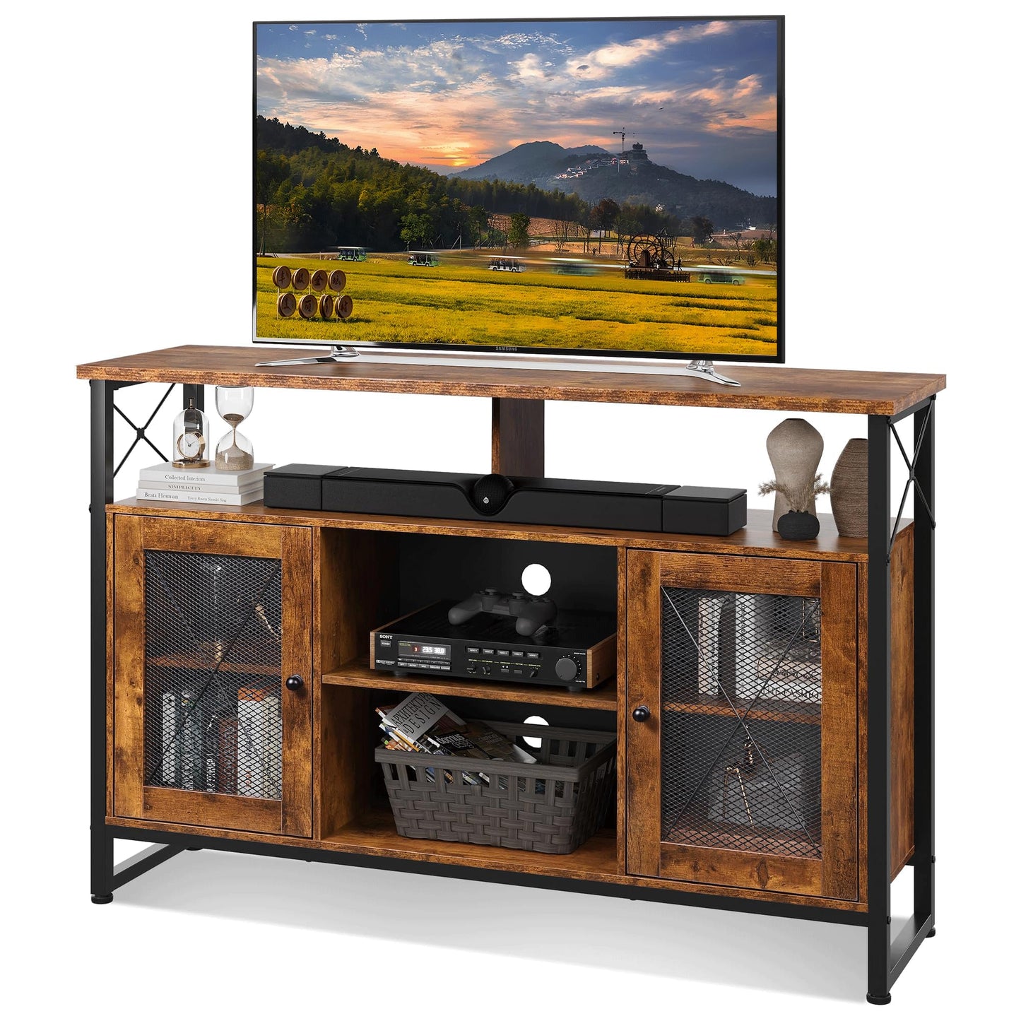 WLIVE Cabinet TV Schrank für Fernseher bis zu 55 Zoll, 128 × 36 × 82 cm Hoch TV Borad Fernsehschrank mit Verstellbaren Ablagen, Fernsehtisch mit Zwei Schränken, TV Tisch für Wohnzimmer