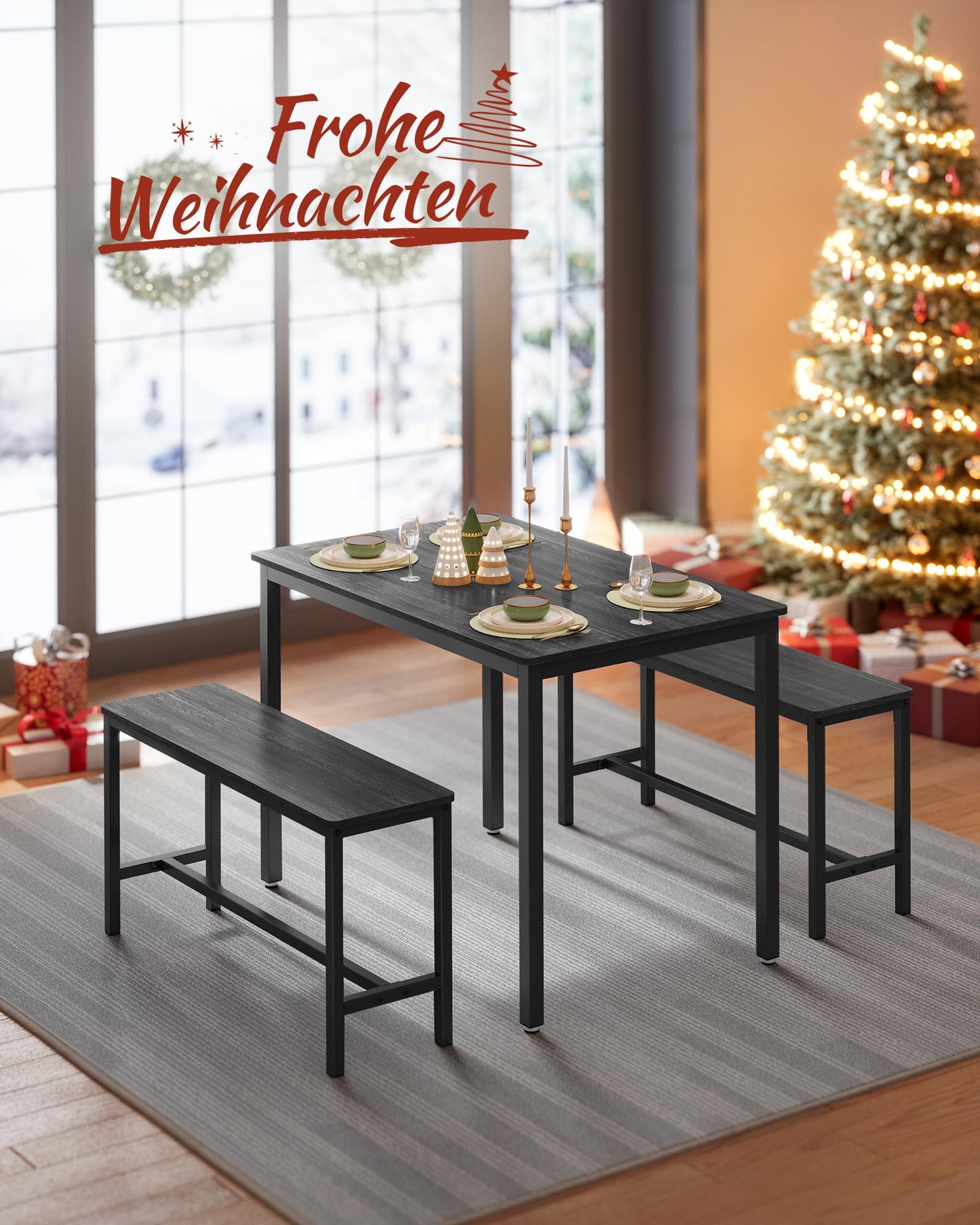 Vasagle Dining Table Kitchen Table Set 110 x 70 x 75 cm with 2 Benches 97 x 30 x 50 cm Metal Frame Kitchen Living Room Dining Room Industrial Design Vintage Brown Black KDT070B01