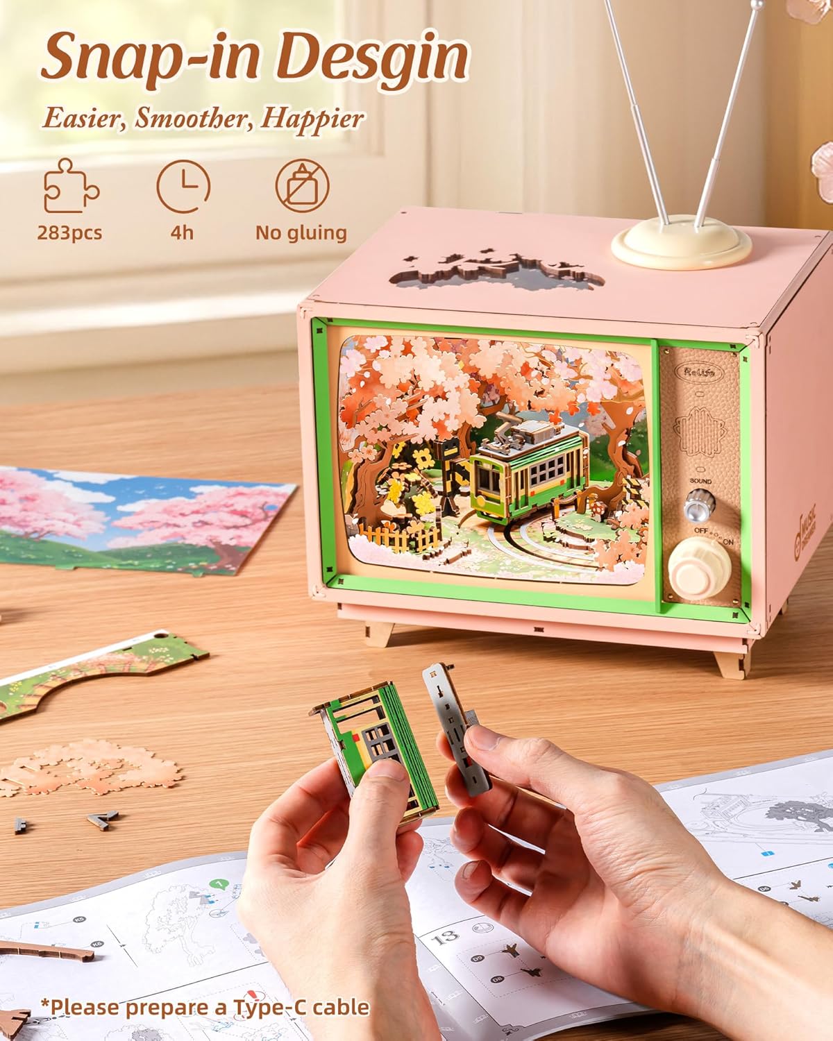 Rolife Modellbausatz Spieluhr Sakura Traumreise DIY Miniatur Haus Kit mit Kirschblüten Szene Holz Puppenhaus zur Deko für Zuhause und Bücherregal Geburtstagsgeschenk für Sie