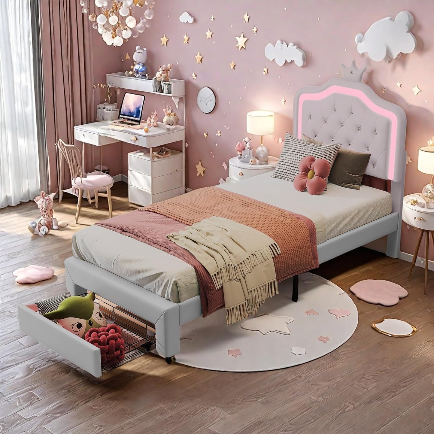 Upholstered Sofa Bed 140 x 200 cm, with Ambient Light and USB Connection, Children's Bed with Slatted Frame, Functional Bed, Teenager's Bed, Lambswool Material, Pink