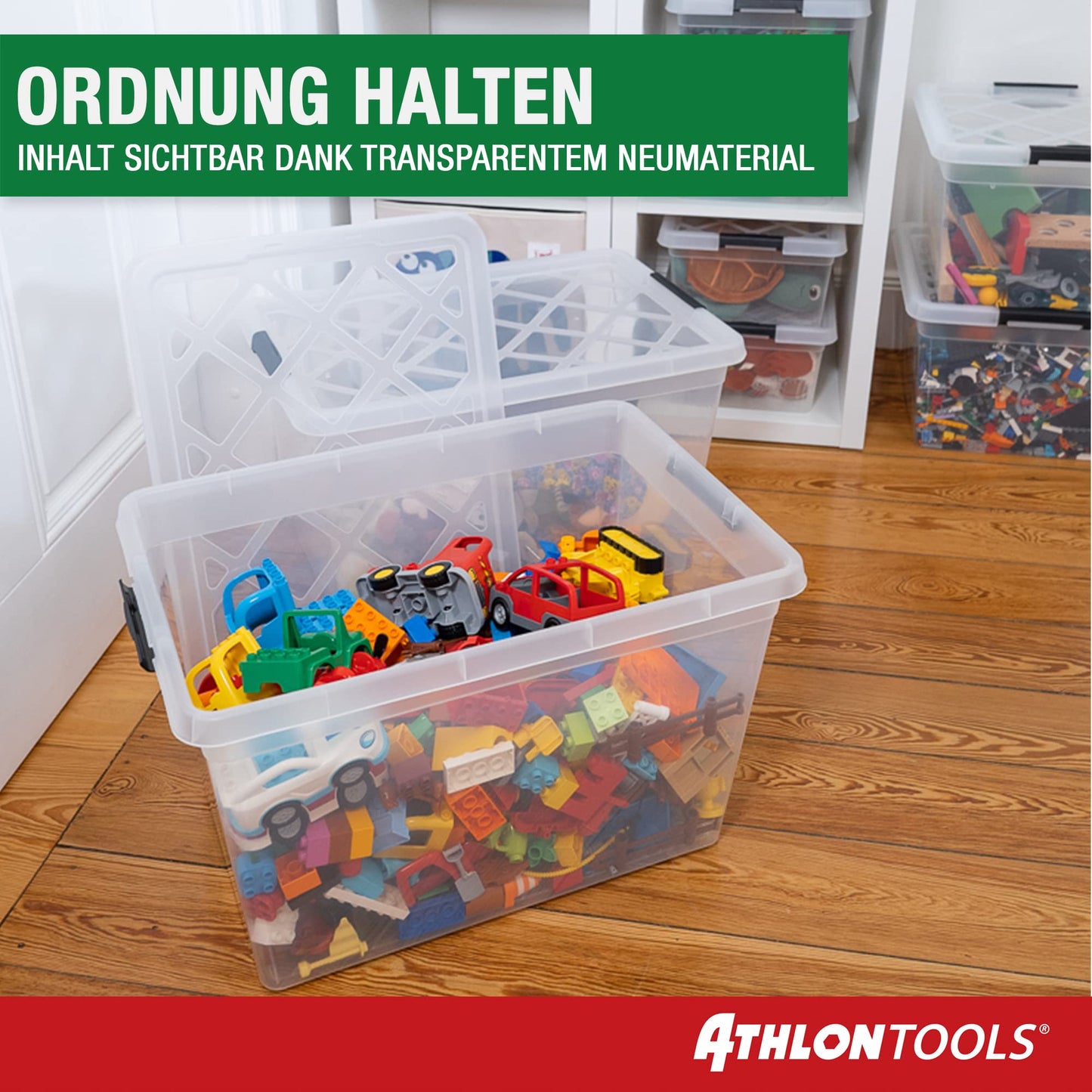 ATHLON TOOLS 4 x 60 L Storage Boxes with Lid, Food-Safe, Locking Clips, 100% New Material Plastic Box, Transparent, Clothes Boxes, Stackable