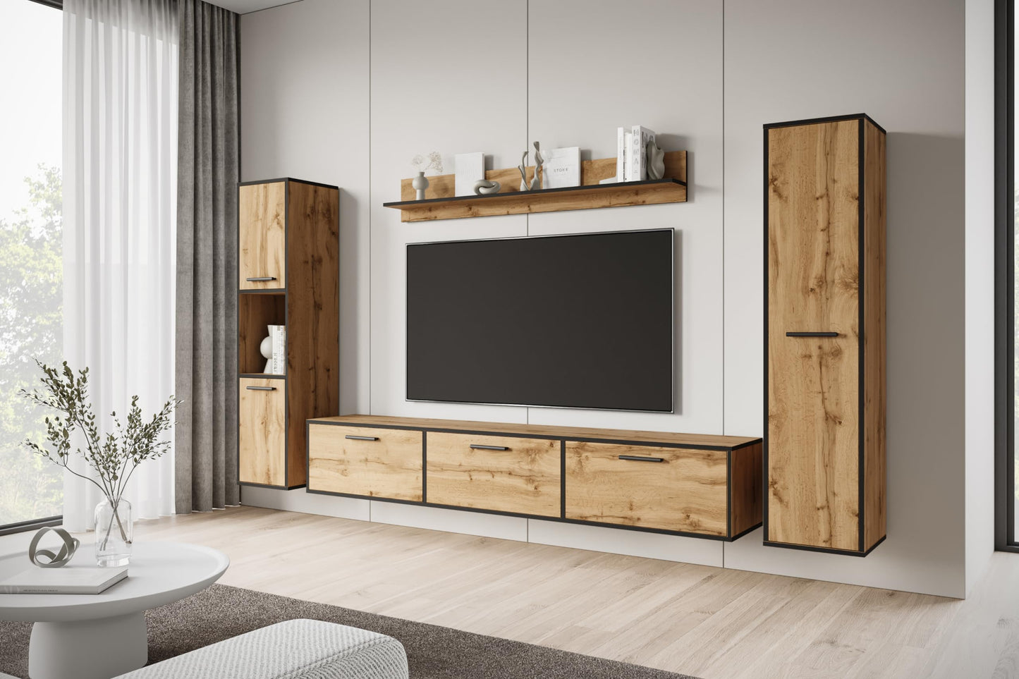 MINIO go for it - Living Room Wall Unit 4-Piece Toga, Living Room Furniture Set, 1 x TV Lowboard, 2 x Tall Cabinet, 1 x Wall Board, Living Room Furniture Complete, Living Room Set - Colour Wotan Oak
