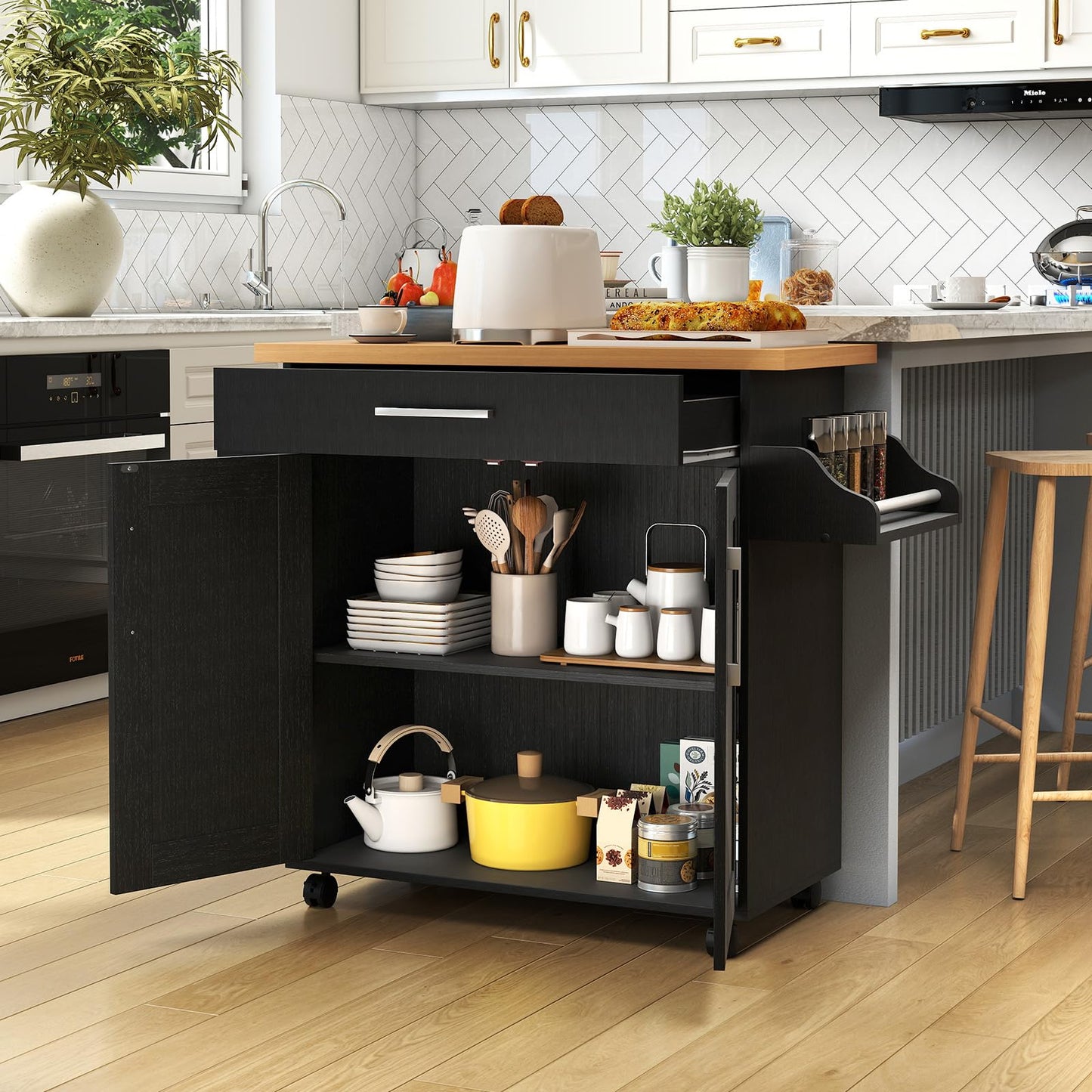 COSTWAY Kitchen trolley with towel holder and spice board, kitchen island with drawer and height-adjustable shelf, kitchen cabinet rollable, wooden serving trolley, kitchen island trolley (black)