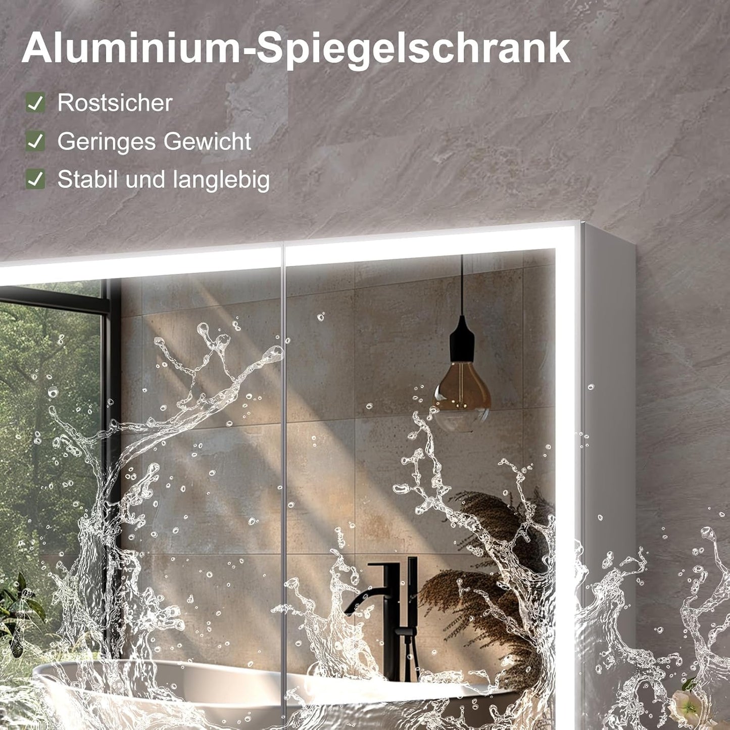 Aovquof Mirror Cabinet with Lighting - 90 x 60 cm Bathroom Mirror Cabinet with Storage Space, Bathroom Mirror Cabinet with Adjustable Dimmable LED Lights with Demist Function, Modern Cream Colour