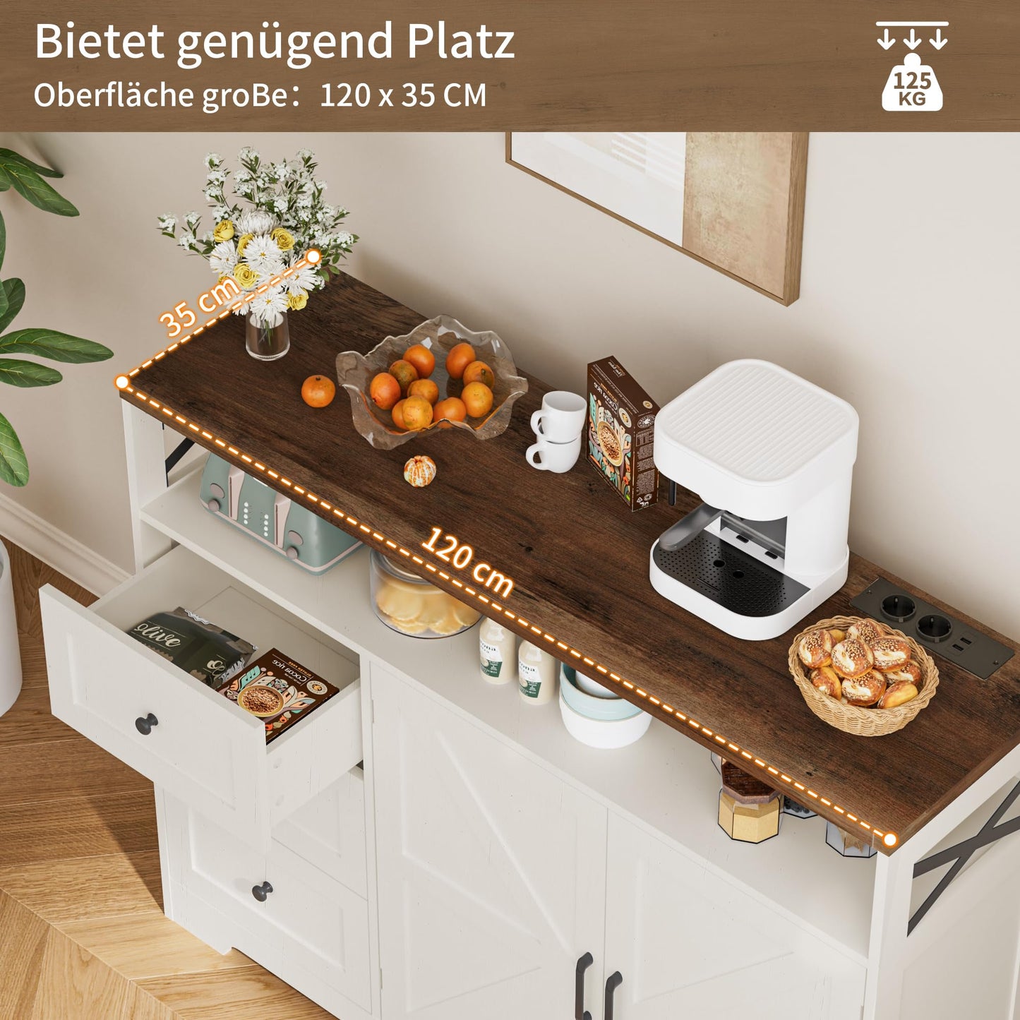 Kitchen Cabinet, Sideboard with Drawers and Open Shelf, Sideboard, Kitchen Cabinet, Coffee Bar Cabinet for Kitchen, Dining Room, Living Room, 120 x 35 x 95 cm, White