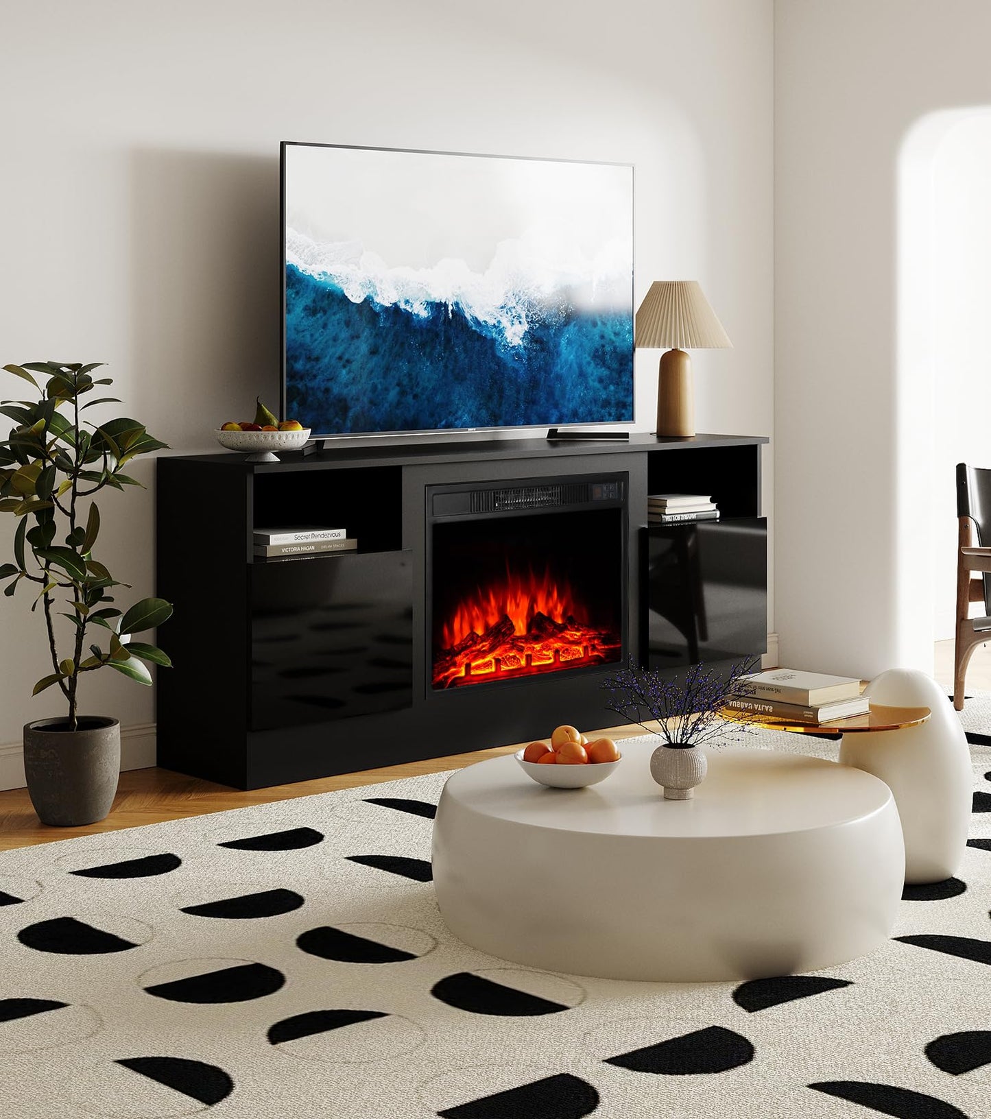 M.C.Haus Electric Fireplace with TV Stand, 58.8 cm Fireplace, for up to 143.9 x 80 cm TV, Modern Wooden Structure Entertainment Centre with LED Light, Highlight Cabinet and Glass Front, 147.3 cm,