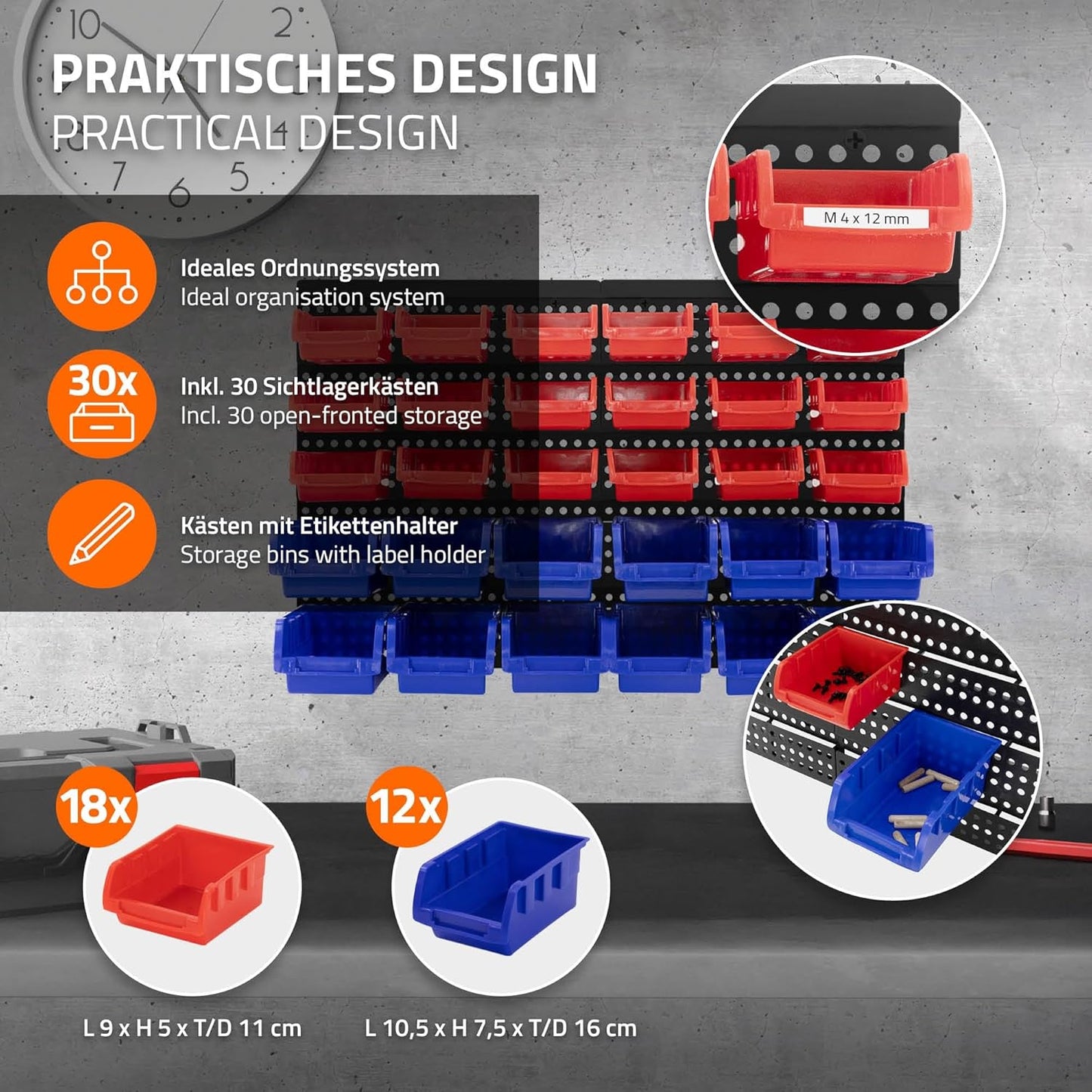 ECD Germany Wall Shelf with Stacking Boxes, 30 Pieces, Blue/Red, 18 Small / 12 Large Pours with Label Compartment, Workshop Shelf, Expandable Small Parts Magazine, Storage System, Storage Shelf,