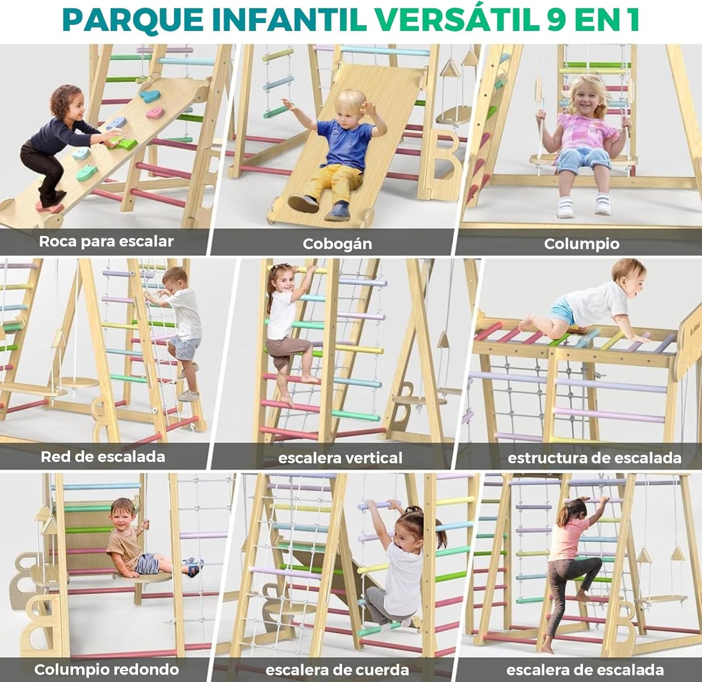 SOFTHOM Indoor Climbing Frame Montessori Climbing Triangle for Children from 1 Year Old, Indoor Playground with Slide, Climbing Net and Swings, 9-in-1 Children's Wooden Climbing Frame