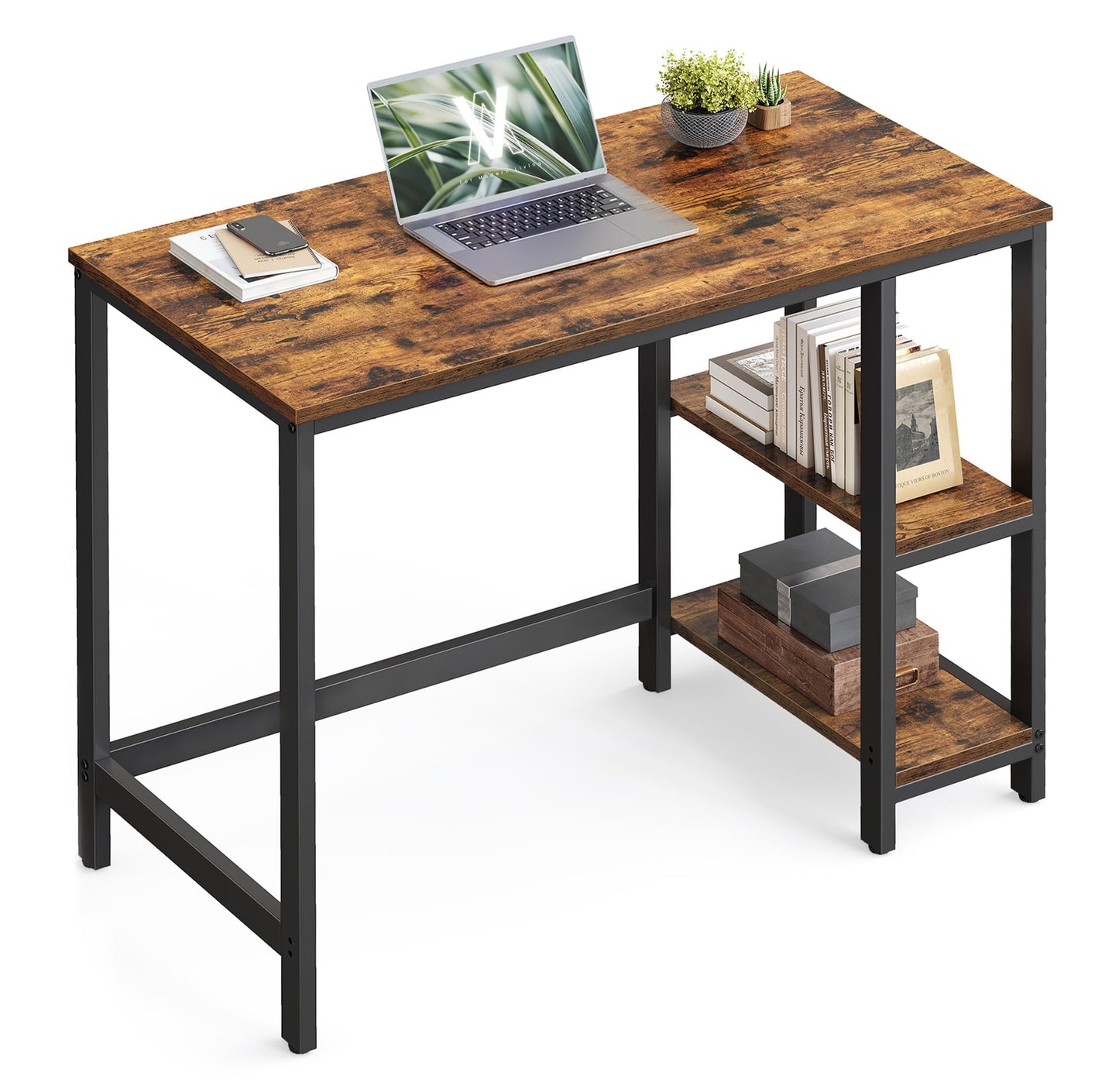 VASAGLE LWD55X Desk Computer Desk PC Desk Office Table with 2 Shelves on Right or Left Side for Office Living Room Steel Frame Industrial Design Vintage Brown/Black