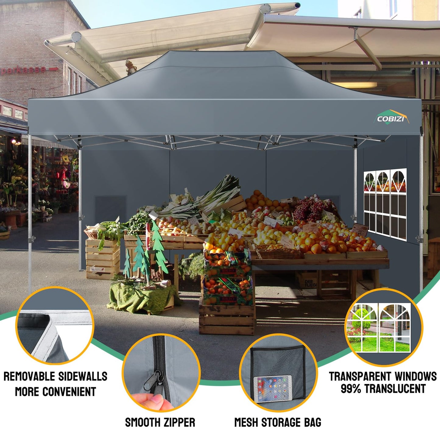 Tooluck Folding Gazebo, 3 x 4.5 m, Waterproof, Stable, Outdoor, Garden Party Tent, UV Protection 50+, with 4 Side Panels, Grey
