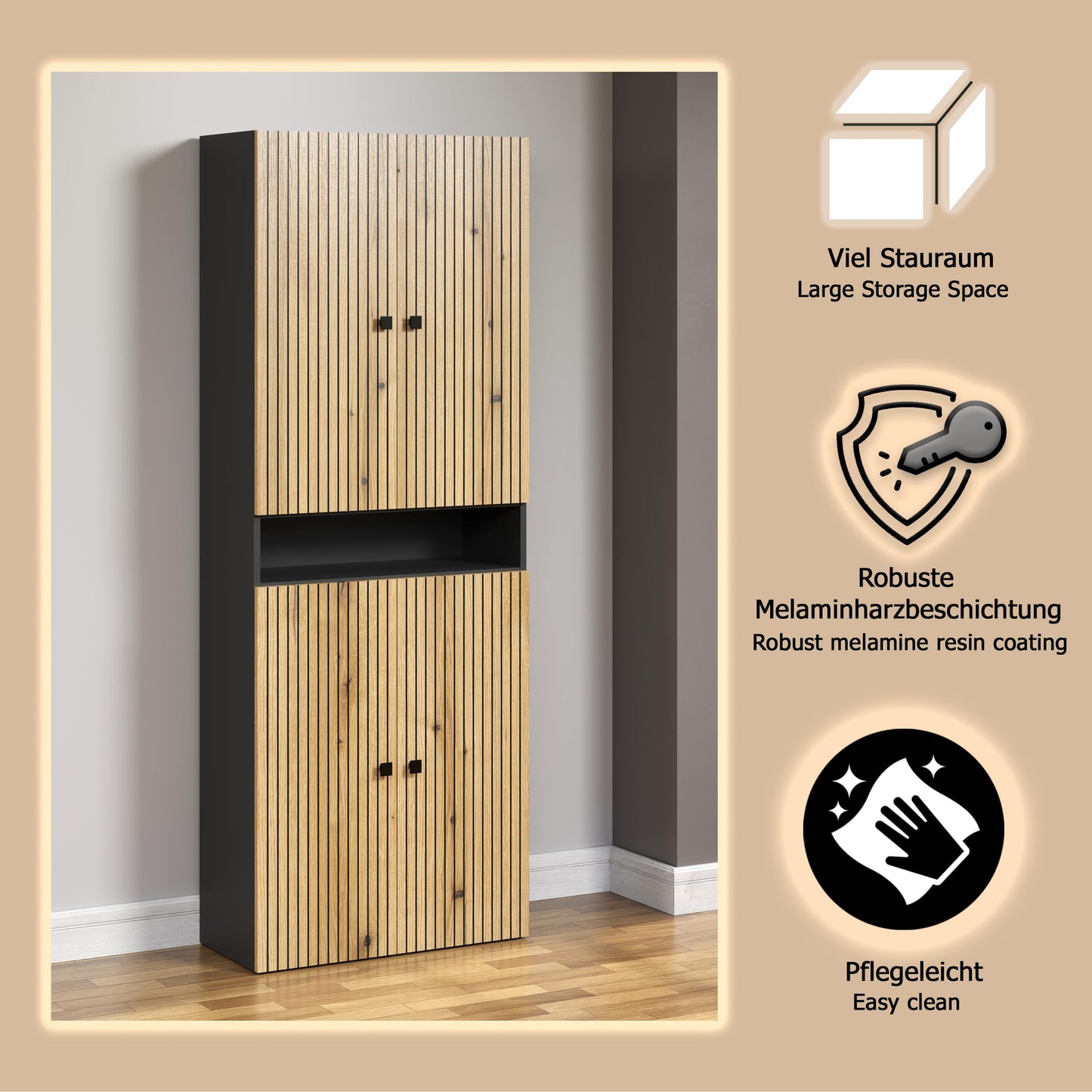 trendteam smart living - PureBliss - Hochschrank - Eiche - Badezimmerschrank in moderner Rillenoptik - edle Metallgriffe - (BxHxT) 40 x 186 x 31 cm - 2 praktische Einlegeböden - kratzfest