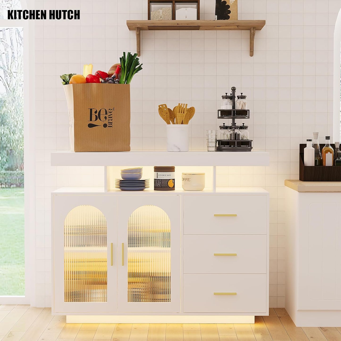 FREDEES Kitchen Cabinet Sideboard with 3 Drawers, Buffet Cabinet with Auto Sensor, 20 Colour Lights, Console Table with Charging Station, Touch Control Console, Coffee Bar Table for Kitchen, Dining