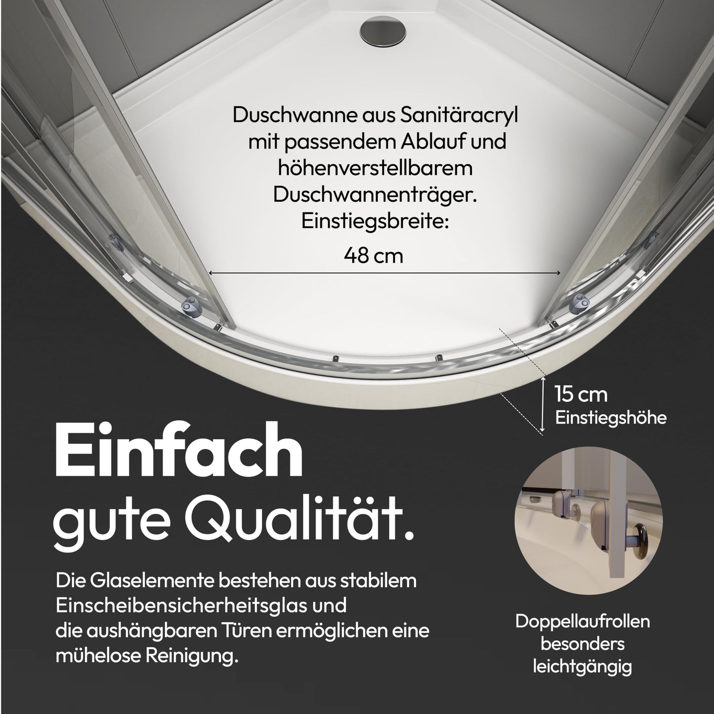 MARWELL Shower Cubicle Crystal Round Shower Complete Set Radius 55 cm and 4 mm Thick Tempered Safety Glass, Glass Shower with Aluminium Profiles in Silver Satin Matt