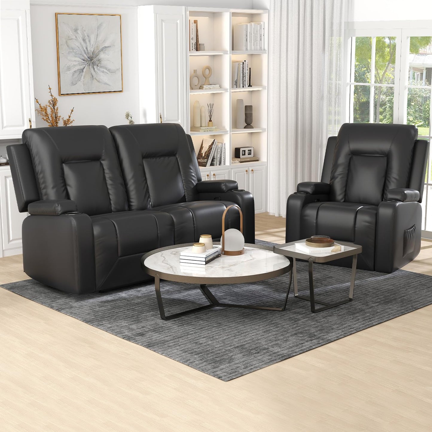 COMHOMA Relaxsessel-Set, Sofa, Sofa-Set aus Kunstleder, Fernsehsessel Ruhesessel Liegesessel mit Liege-Funktion Polstersessel Schlafsessel für Wohnzimmer Schlafzimmer Heimkino,Schwarz, 3+2+1