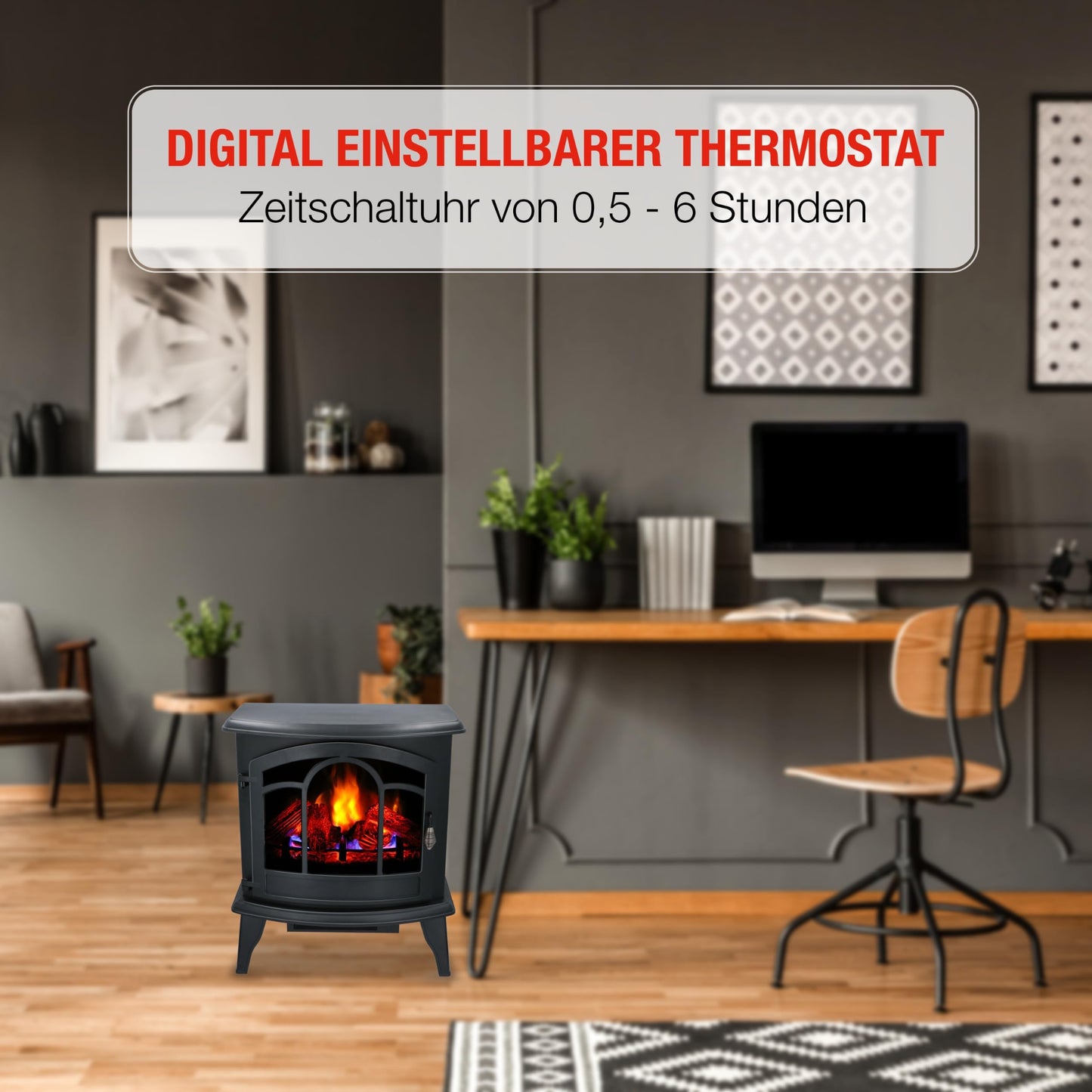 alpina Vicenza Electric Fireplace with Heater, Electric Heater 2000 W, Fireplace with Heater, Remote Control and Timer, Electric Stove with LED Flames, Freestanding, Black, 1800 W