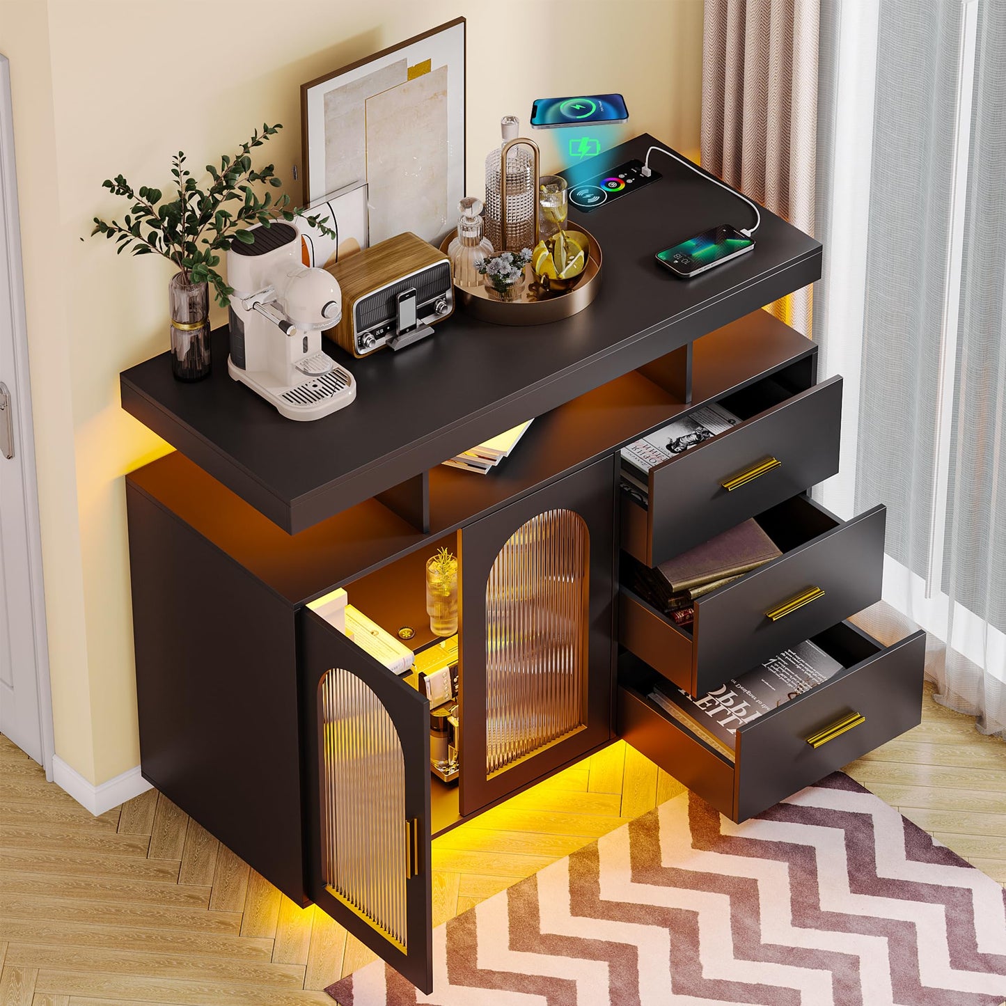 Lvifur Buffet Cabinet, Sideboard, White, Storage Cabinet with Wireless Charging Station, Automatic Sensor, RGB 20 Colours, Dimmable Sideboard, Intelligent Sensors, Chest of Drawers, Living Room, Black