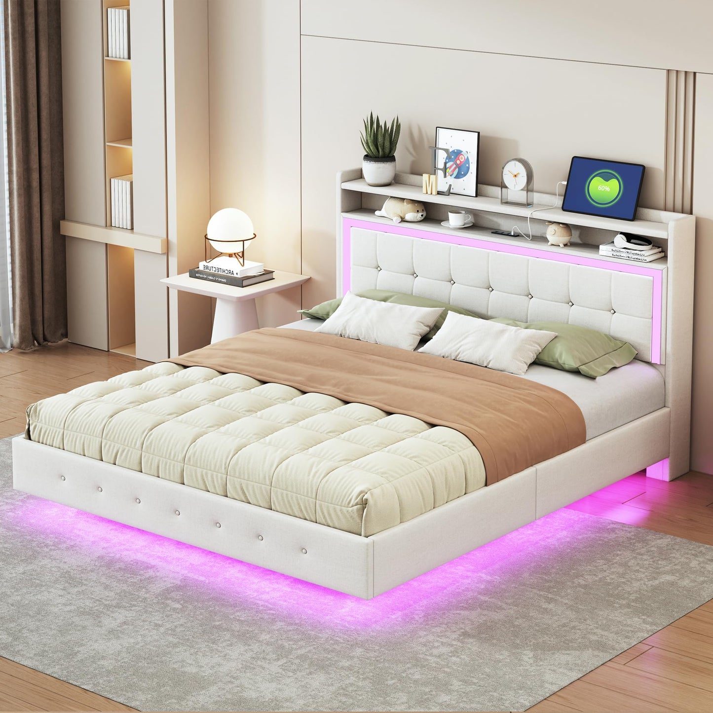 Polsterbett Doppelbett 140x200 cm mit LED-Beleuchtung und USB-Ladeanschluss, Bett mit Stauraumkopfteil, Stauraumbett mit Metallrahmen und Lattenrost aus Holz, Leinen, Beige, Ohne Matratze
