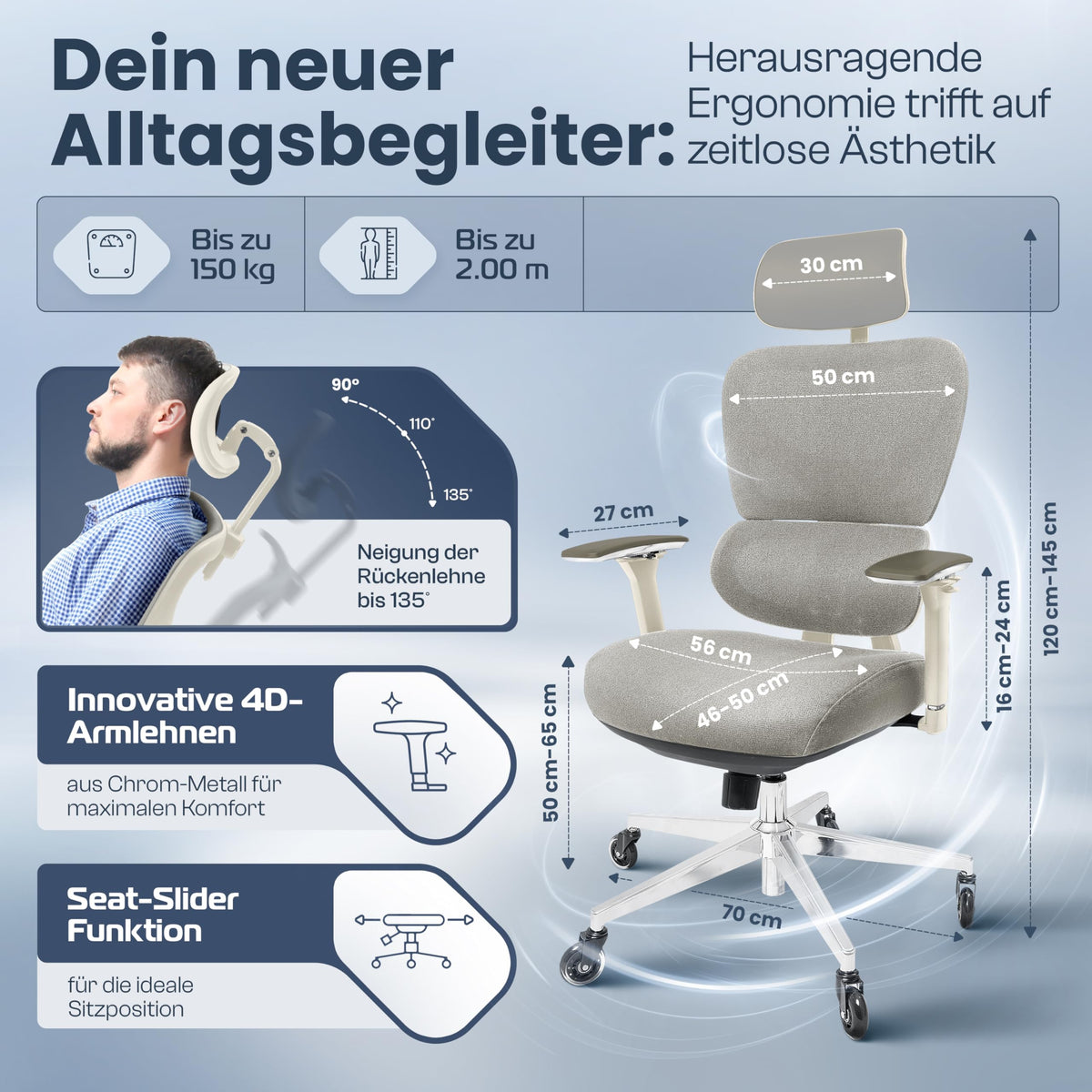 CLOUVOU BrightSeat Ergonomic Office Chair [Test Winner] Desk Chair 100% Individually Adjustable Office Chair & Gaming Chair Computer Chair Home Office Chair Ergonomic Swivel Chair 150 kg