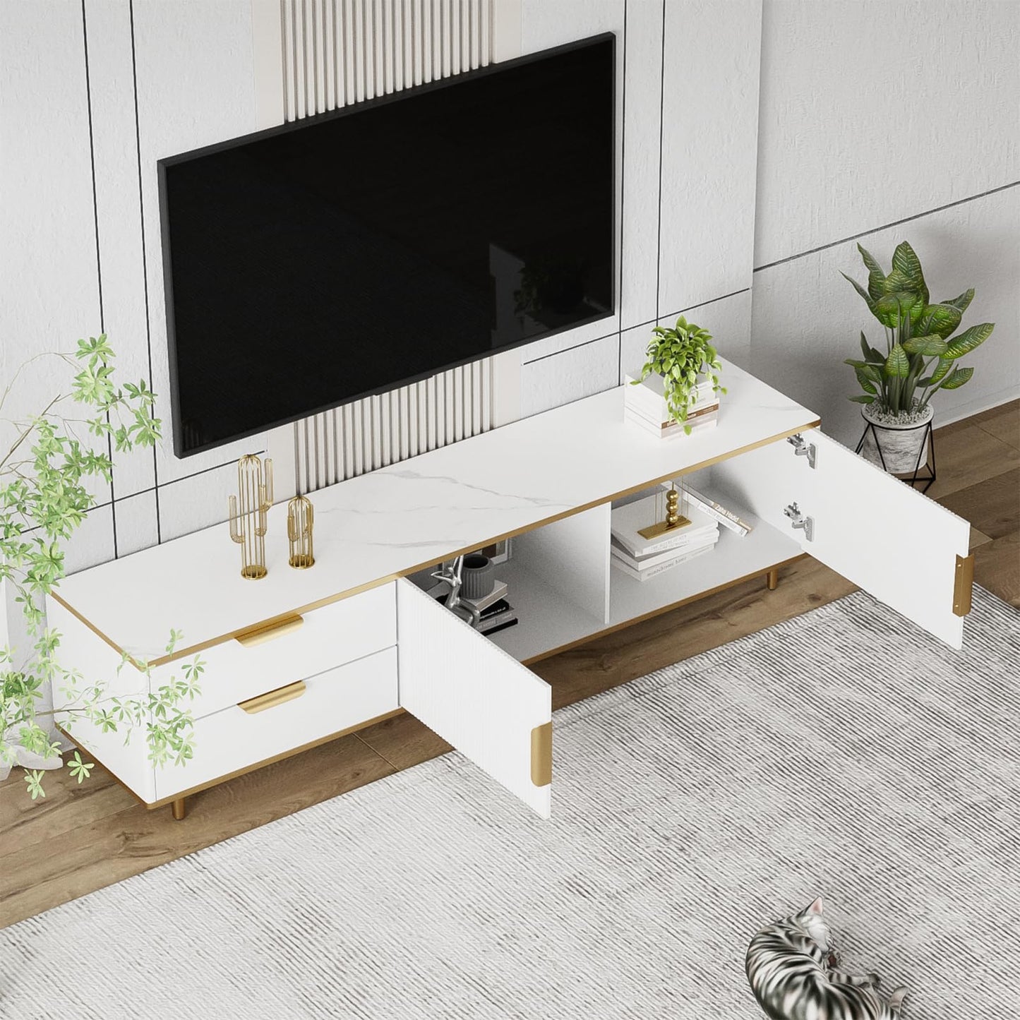 TV Cabinet with 3 Drawers, TV Table with Golden Handles and Legs, Modern TV Stand for TVs up to 75 Inches, Rounded Corners, TV Cabinet for Living Room, 174 x 35 x 41 cm, White