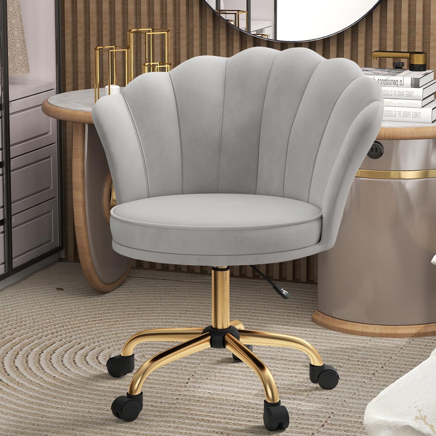 Home Office Chair, Dressing Chair, Velvet Chair, Petal Backrest, 360° Rotatable, Height-Adjustable, Ergonomic Office Chair, for Study, Bedroom, Maximum Load 120 kg, Beige