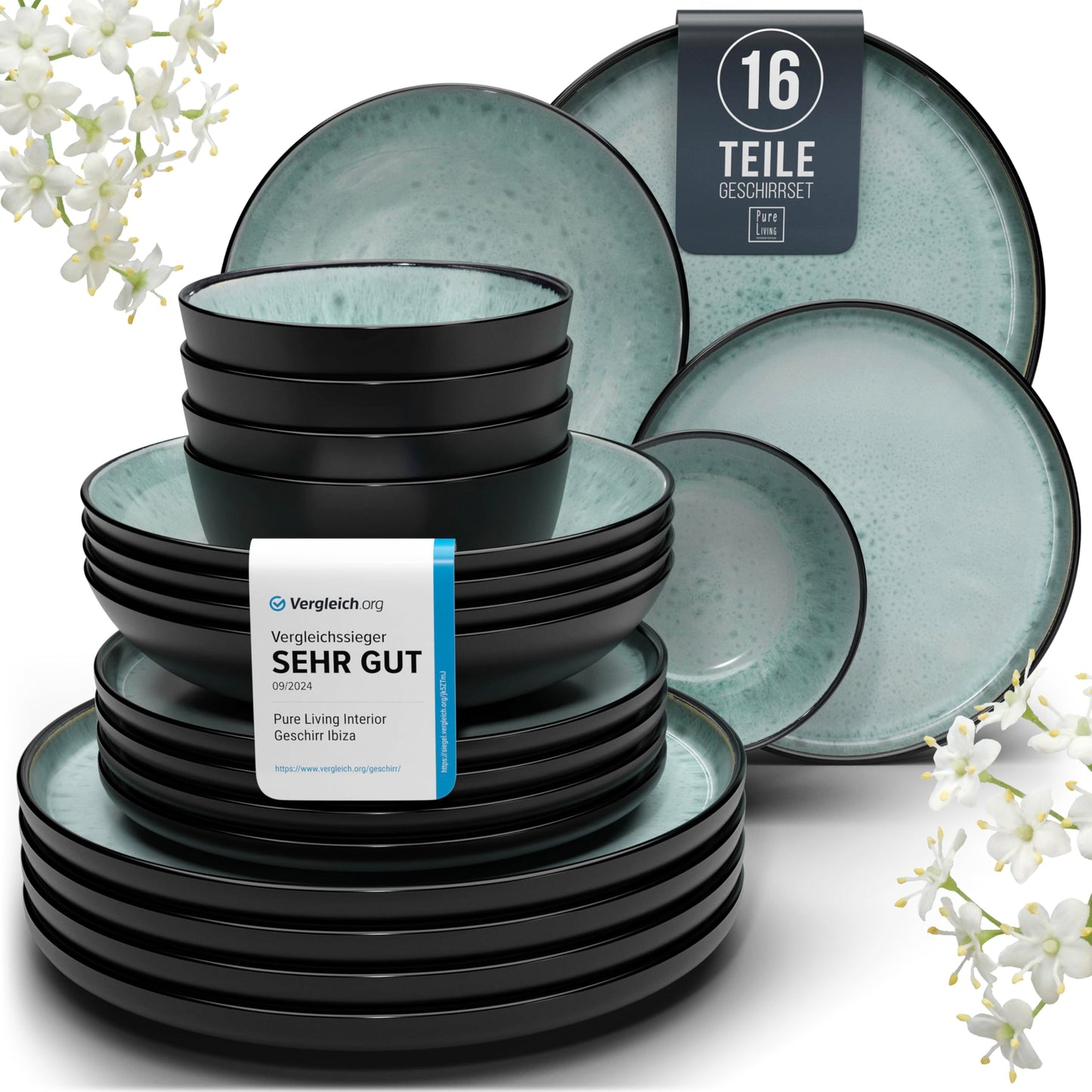 Ibiza Stoneware Crockery Set for 12 People, 48 Pieces, Test Winner, Dreamlike Mediterranean Stoneware Crockery Set, Bowl and Plate Set, Dinner Service for 12 People, Pure Living Crockery Sets in Deep