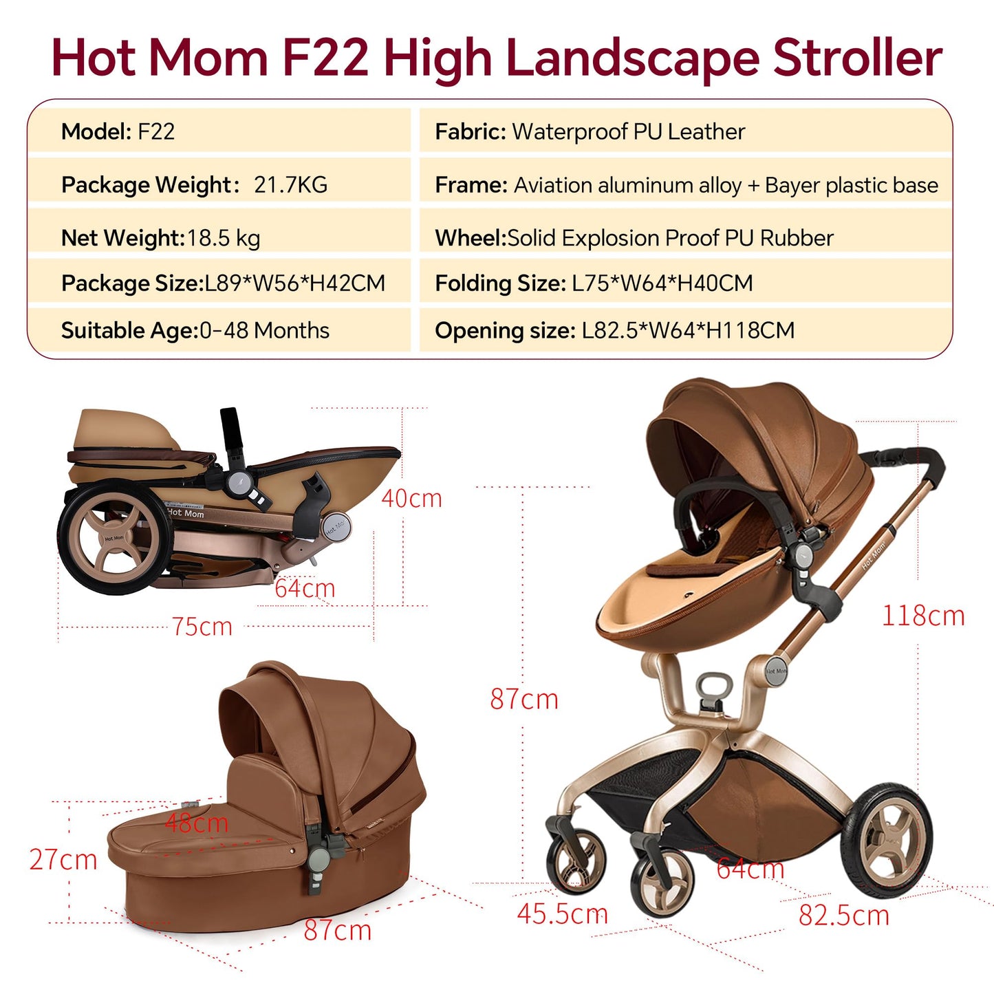 Hot Mom Pardo 3-in-1 Classic Combination Pushchair Model F22 with Aluminium Frame / Solid Rubber Tyres