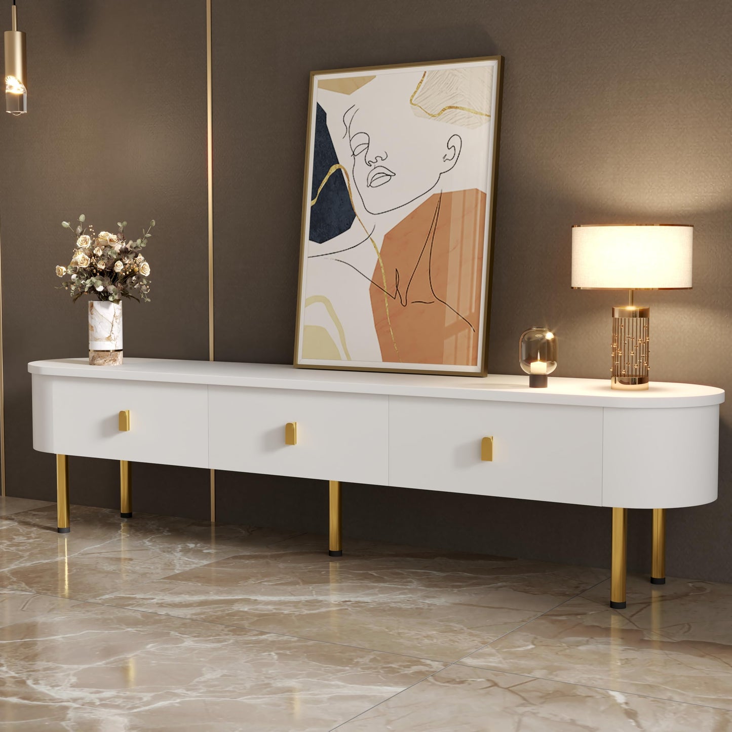 170 cm TV Cabinet with Textured Doors, TV Board with 4 Drawers, TV Cabinet with Oven Compartments, TV Cabinet for Living Room, TV Lowboard, Golden Handles and Feet, White