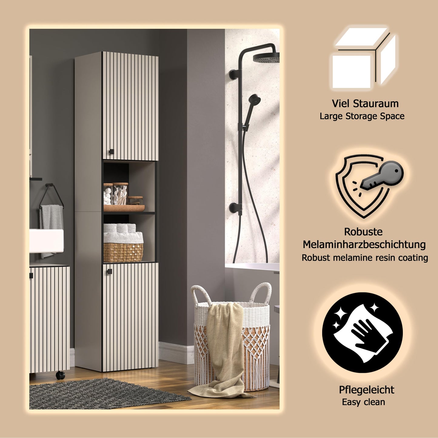 trendteam smart living - PureBliss - Hochschrank - Eiche - Badezimmerschrank in moderner Rillenoptik - edle Metallgriffe - (BxHxT) 40 x 186 x 31 cm - 2 praktische Einlegeböden - kratzfest