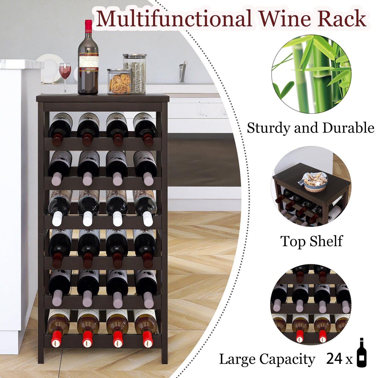 24 Bottle Wine Rack Freestanding Base, 6 Tier Wine Display Storage Shelves with Table Top, Bamboo Wine Bottle Holder Stand with Wave Bars for Kitchen, Dining Room, Pantry, Black