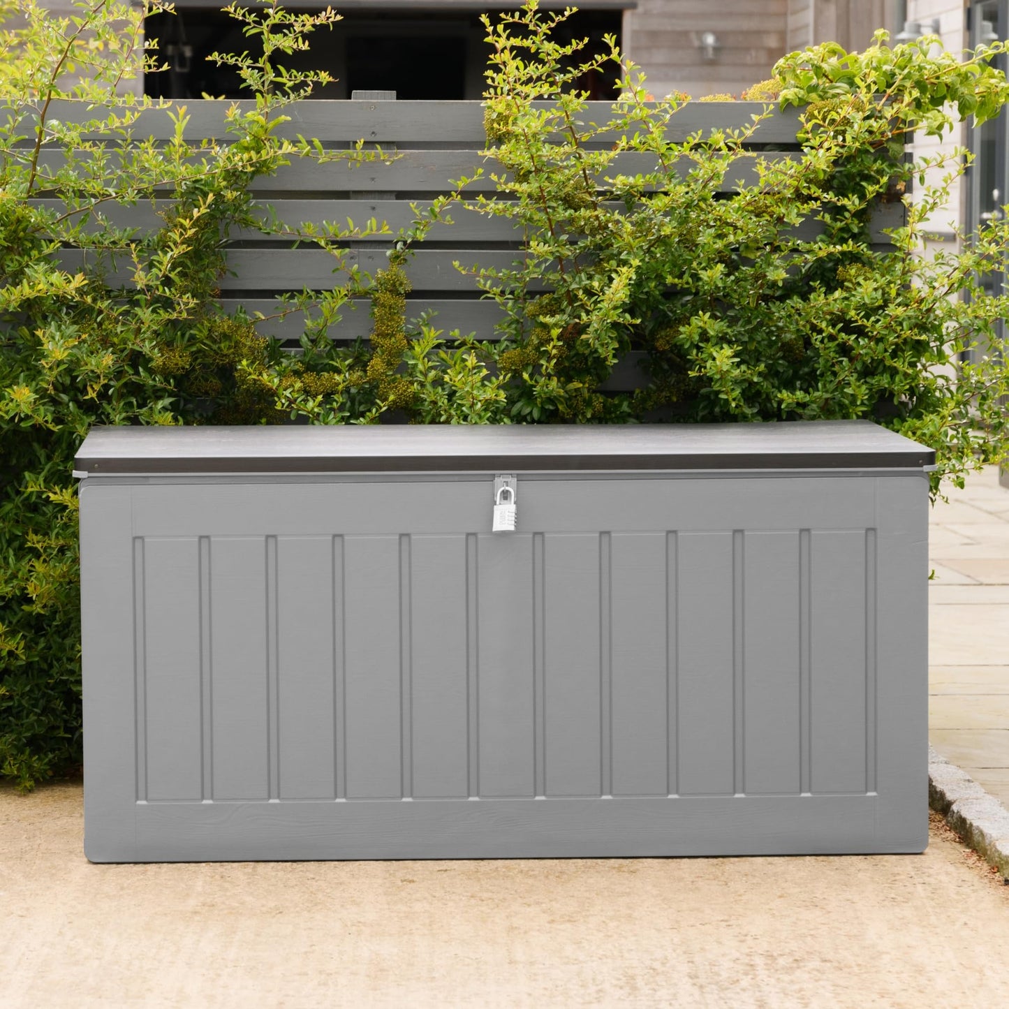 Olsen & Smith 270L Large Capacity Outdoor Garden Storage Box with Padlock Plastic Shed - Weatherproof and Stand Up with Wood Effect Chest (270L, Black)