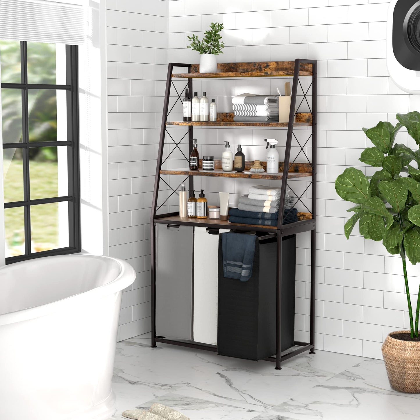 Herture Laundry Basket 3 Compartments Laundry Hamper with 4 Shelves Laundry Basket Removable Laundry Bags Large 3 x 60L for Laundry Room Bathroom Ink Black Vintage Brown PF05XLN