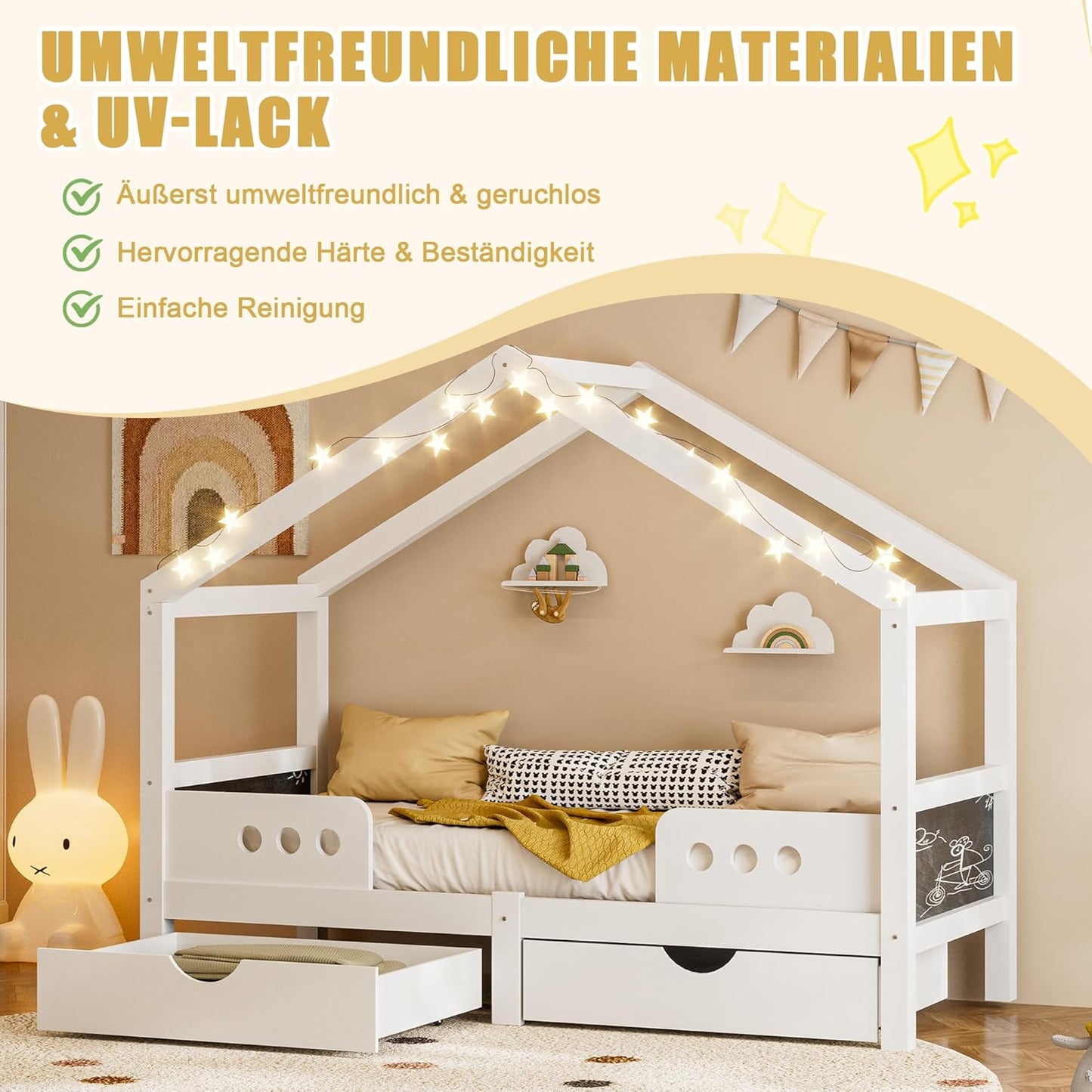 Merax Children's Bed 90 x 200 cm with Fall Protection, Children's House Bed with Drawers and Storage Shelf, Sturdy Wooden Tree House Bed with Slatted Frame, Play Bed for Boys and Girls, White