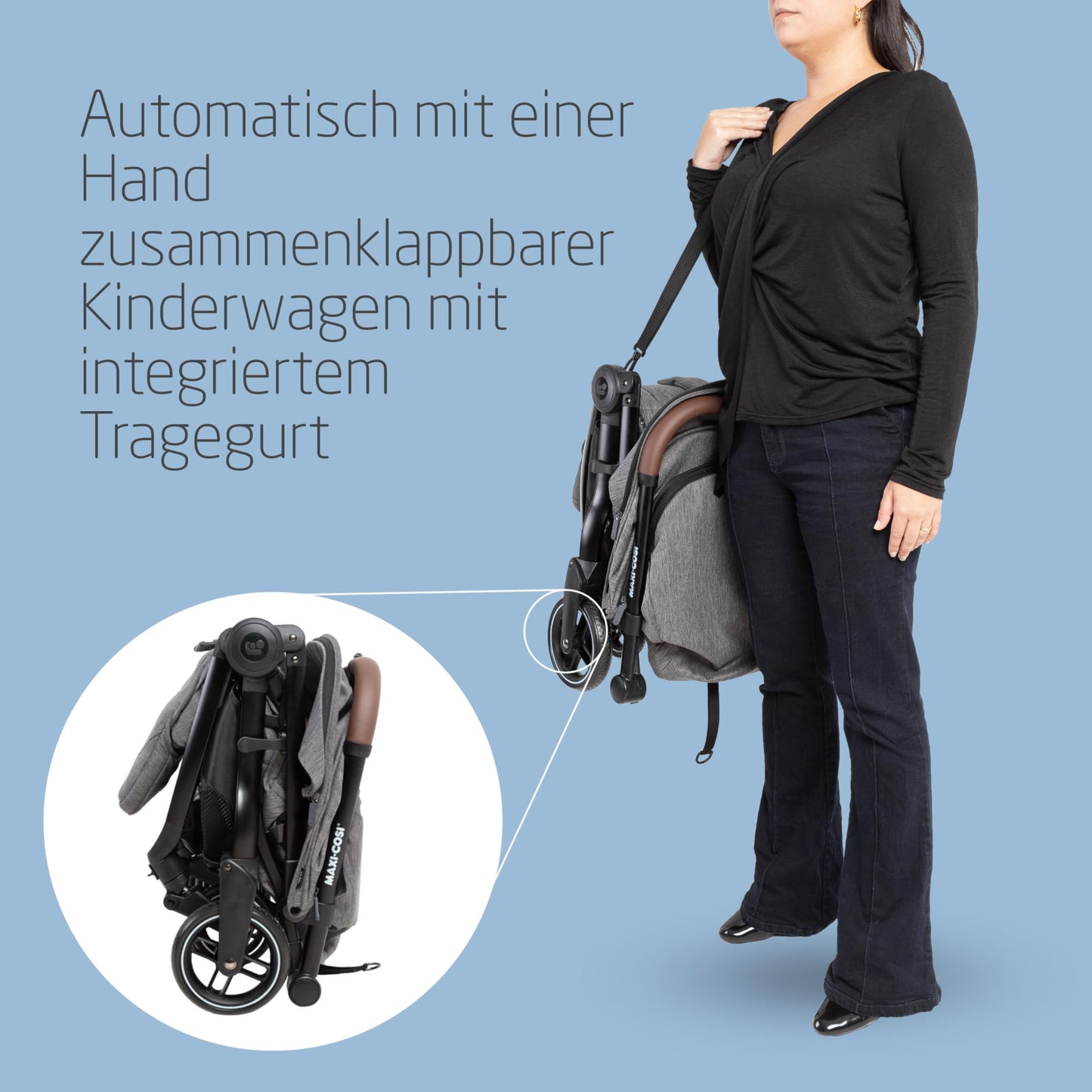 Maxi-Cosi Eva3 Baby Stroller, 0-4 Years, 0-22 kg, Baby Pram, Lightweight and Compact, Flat Reclining Position, 3 Reclining Positions, Automatic with 1 Hand Folding, Carry Strap, Essential Black