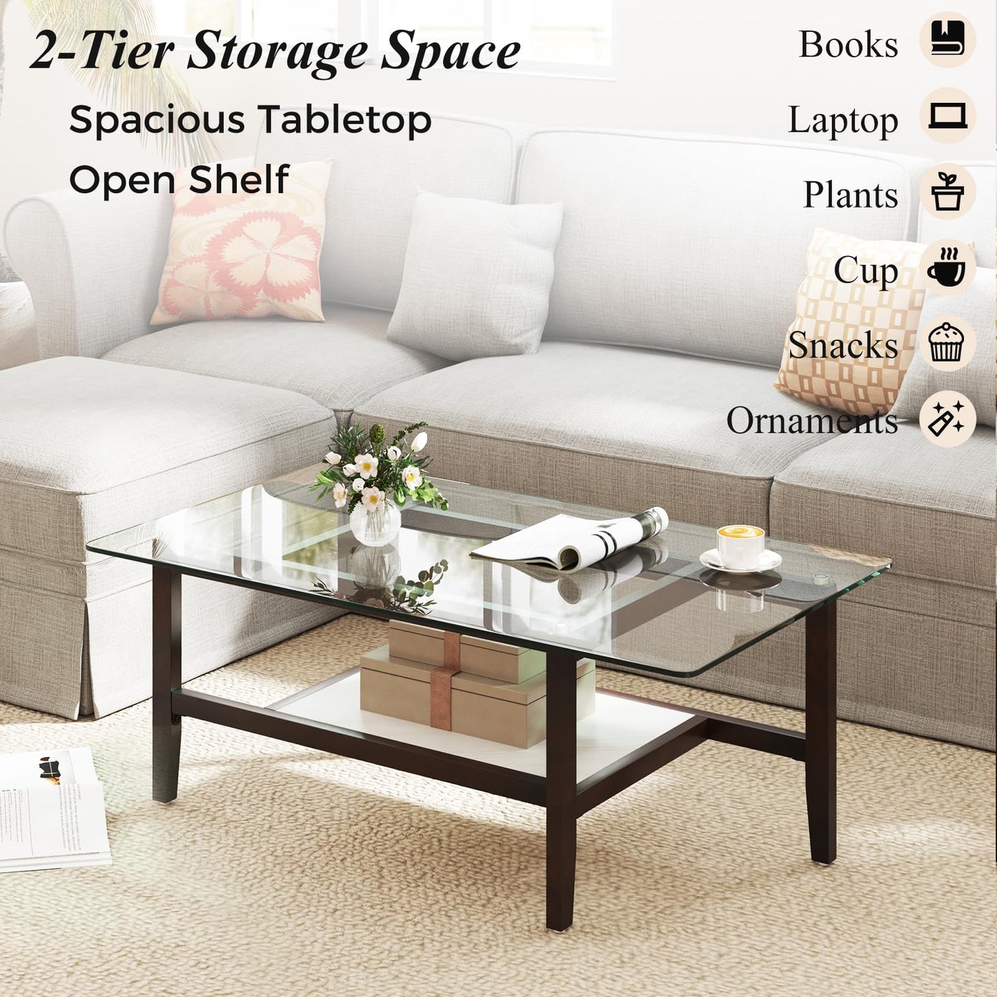 LIFEZEAL Glass Coffee Table, Stylish Living Room Table, Solid Wood with 2 Levels, Modern Sofa Table for Living Room, Bedroom, 107 x 60 x 42 cm