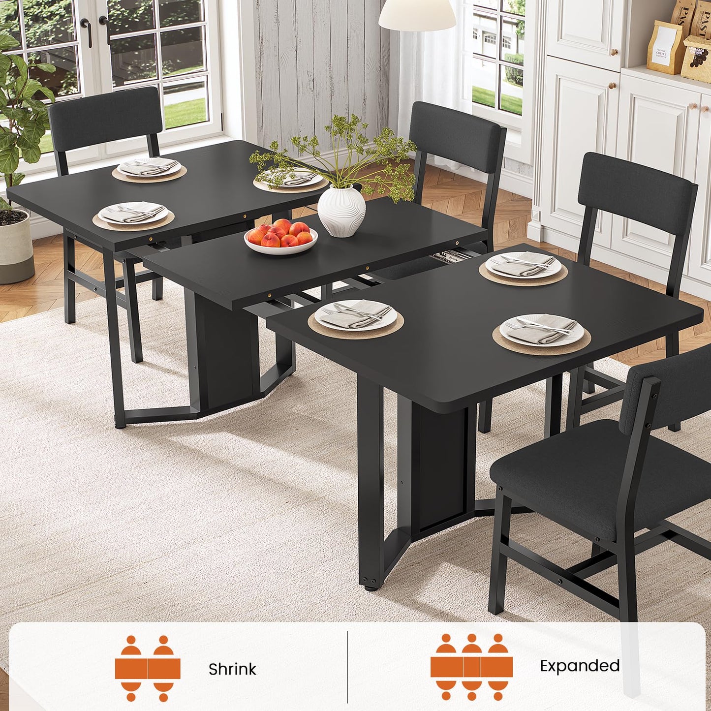 Itaar 5-Piece Dining Table Set for 4-6 People, 63" Extendable Kitchen Table and 4 Cushion Chairs, Dining Room Table with MDF Board & Metal Frame for Small Space, Easy Clean, Brown