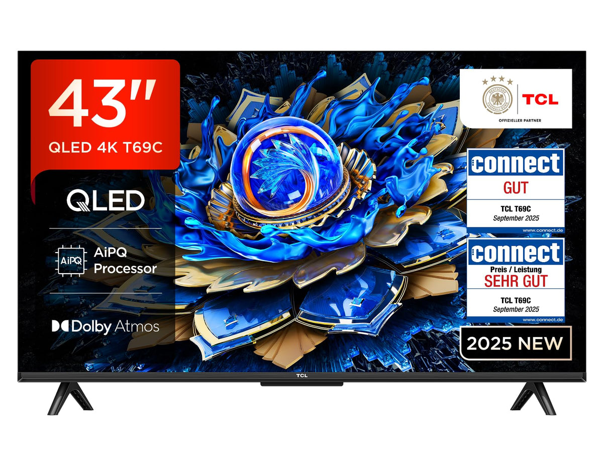TCL 43T69C 43 Zoll QLED, Direct LED TV, 4K HDR TV, Smart Google TV (Dolby Vision & Atmos, Game Master, Motion Clarity, Kompatibel mit Google Assistant & Alexa)