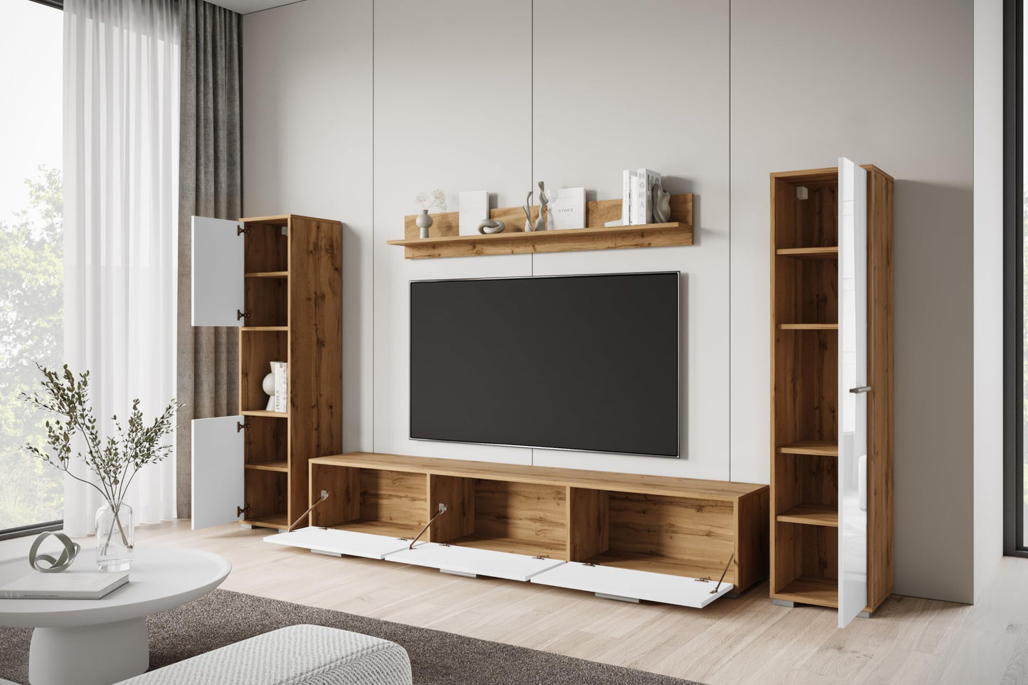 MINIO go for it - Living Room Wall Unit 4-Piece Toga, Living Room Furniture Set, 1 x TV Lowboard, 2 x Tall Cabinet, 1 x Wall Board, Living Room Furniture Complete, Living Room Set - Colour Wotan Oak