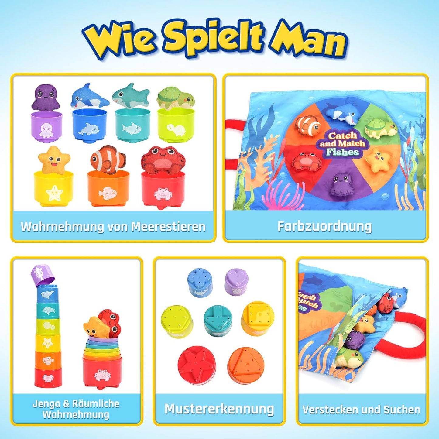 ZOOI Montessori Toy from 1 Year, 5 in 1 Motor Skills Toy Fishing Game, Toy from 1 2 3 Children Year, Gifts for Girls and Boys, Children's Toy from 1 Year, Sensory Motor Skills Toy