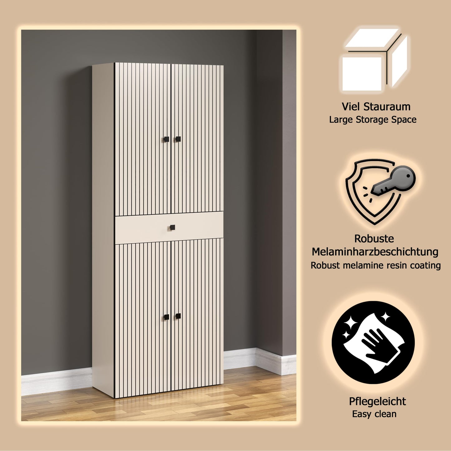 trendteam smart living - PureBliss - Hochschrank - Eiche - Badezimmerschrank in moderner Rillenoptik - edle Metallgriffe - (BxHxT) 40 x 186 x 31 cm - 2 praktische Einlegeböden - kratzfest