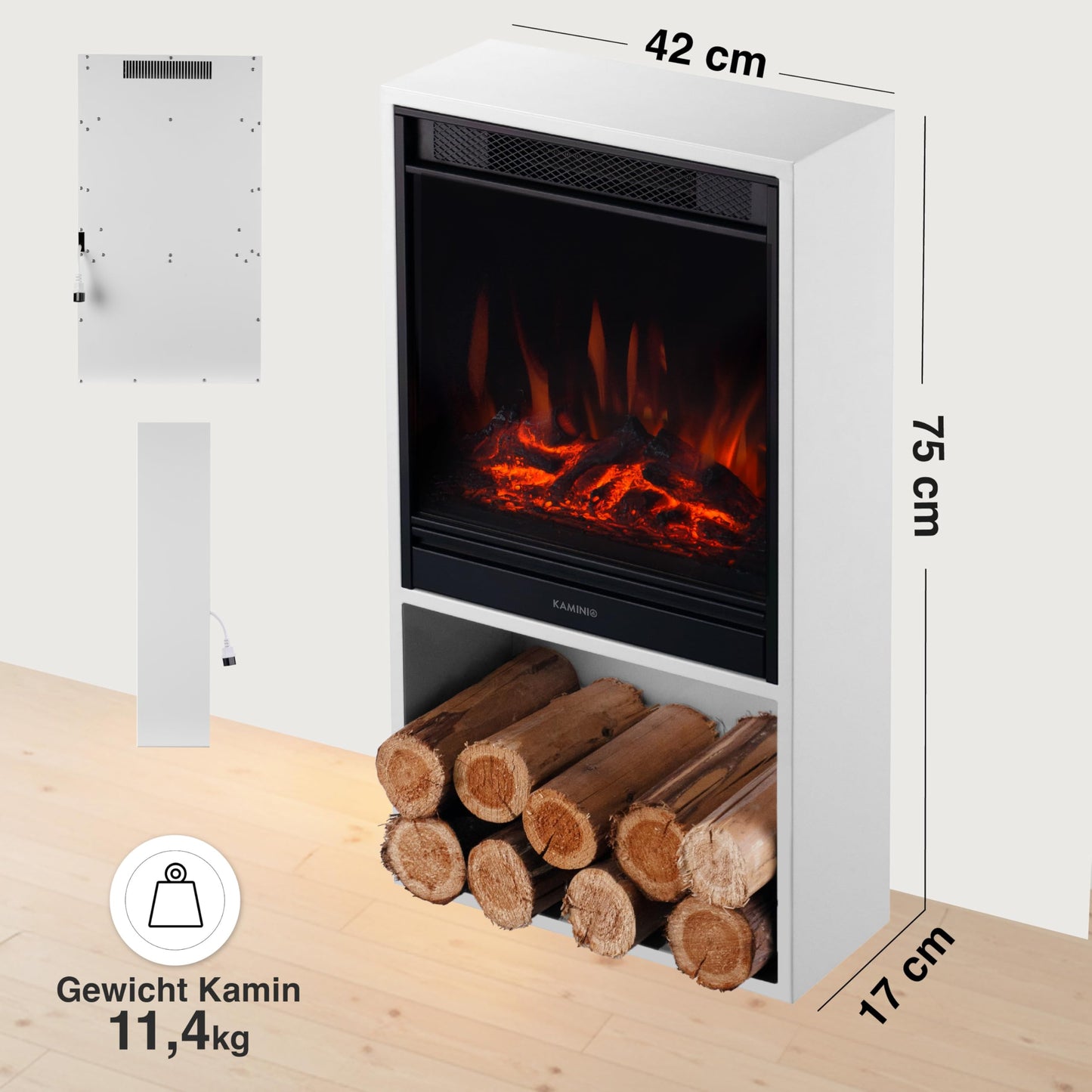 Hugo Electric Fireplace with Heater, 3D Flame Effect, LED Ambient Light, Wooden Compartment, Remote Control (White)