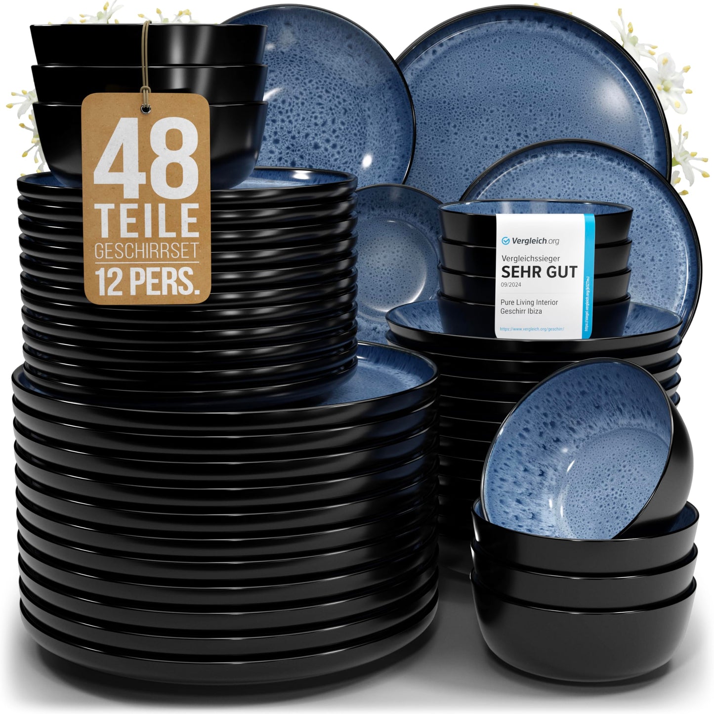 Ibiza Stoneware Crockery Set for 12 People, 48 Pieces, Test Winner, Dreamlike Mediterranean Stoneware Crockery Set, Bowl and Plate Set, Dinner Service for 12 People, Pure Living Crockery Sets in Deep