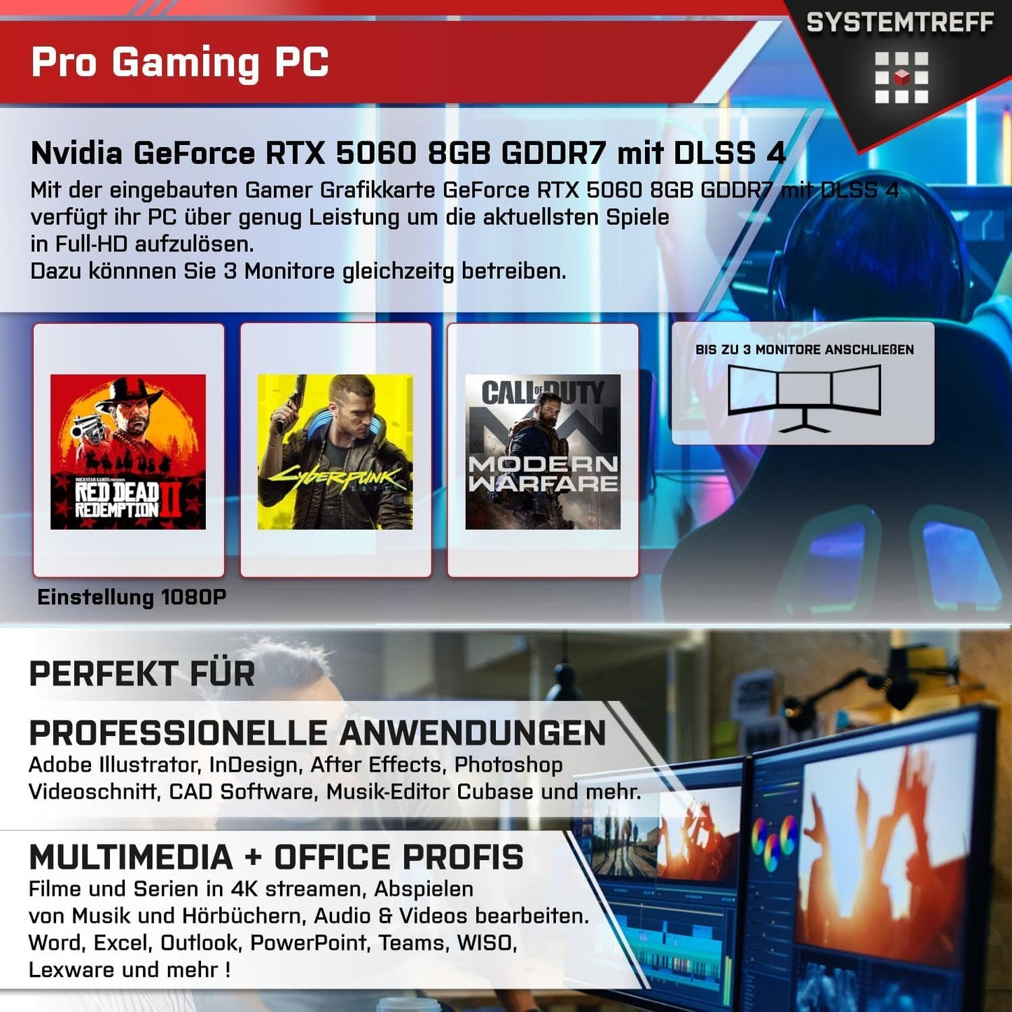 SYSTEMTREFF Gaming PC AMD Ryzen 7 5700X 8x4.6GHz | Nvidia RTX 5060 8GB DX12 | 1TB M.2 NVMe | 32GB DDR4 RAM | Windows 11 | WLAN Desktop Computer Rechner für Gamer, Zocker & Streamer